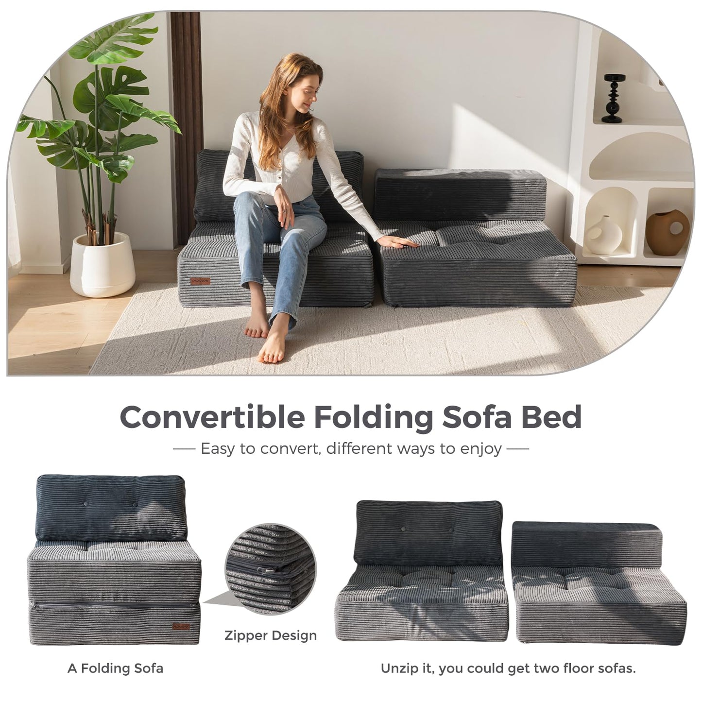 MAXYOYO Folding Sofa Bed, Convertible Sofa Bed with High-Density Support Foam, Portable 4 in 1 Fold Out Chair to Floor Lounger, Versatile Floor Couch for Living Room Bedroom, Dark Grey
