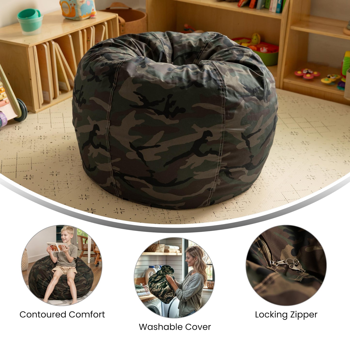 Flash Furniture Dillon Small Bean Bag Chair for Kids and Teens, Foam-Filled Beanbag Chair with Machine Washable Cover, Camouflage