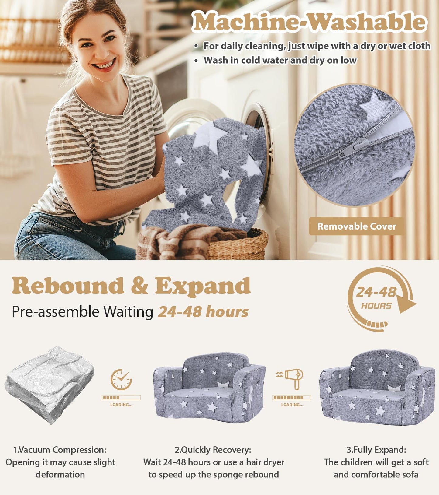 Kids Couch, 2-in-1 Soft Toddler Couch Fold Out with with Blanket and Cloud Pillow, Glow in The Dark, Toddler Chair Comfy, Convertible Sofa, Gifts for Kids Girl Boys, Medium Grey Star