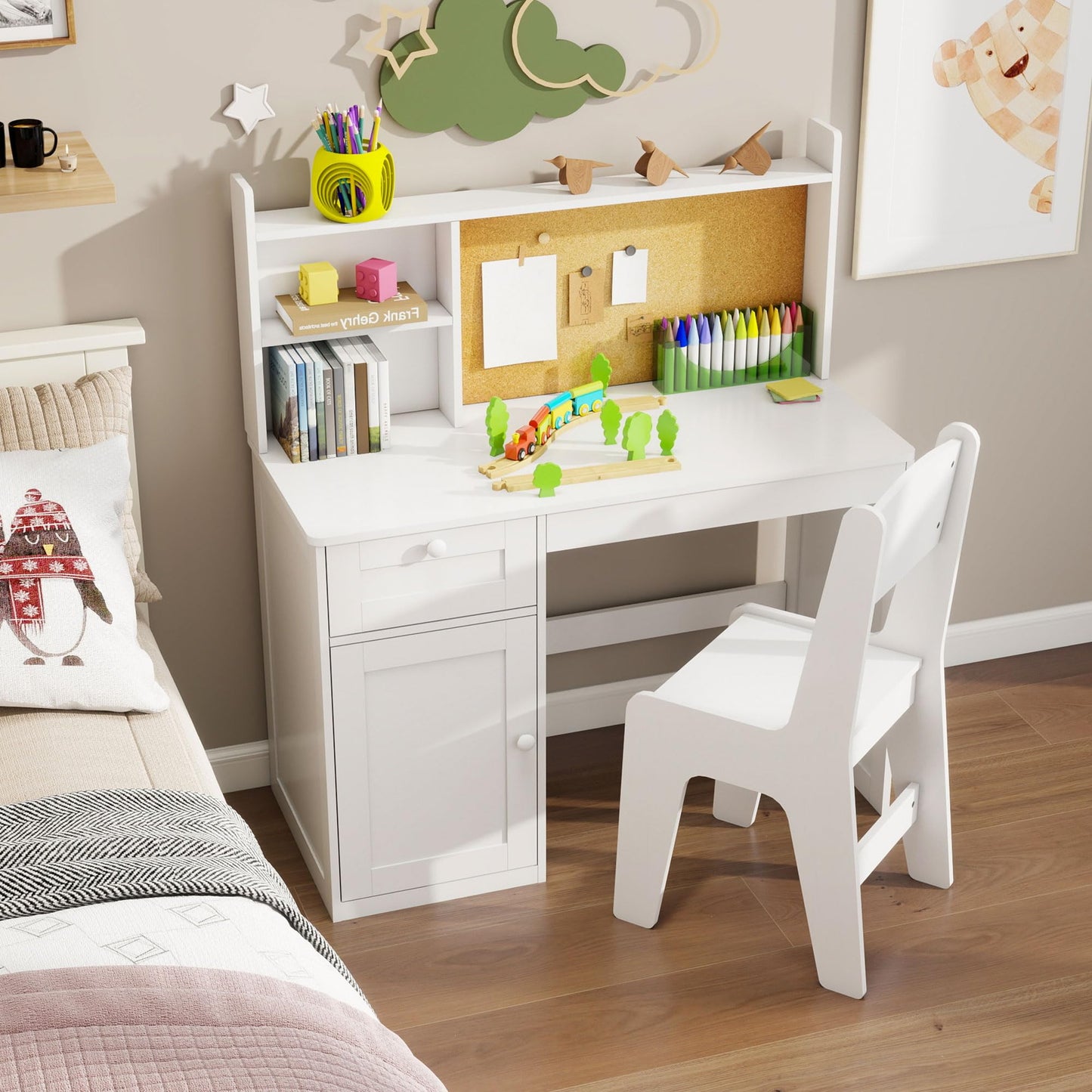 Kids Study Desk with Chair, Kids Desk Chair Set for 5-12 Years Old, Children Wooden Study Table with Hutch & Storage Cabinet, Student Writing Table Computer Workstation for Girls and Boys, White