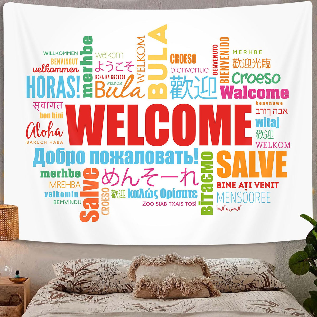 GOAOK Welcome Word in Different Languages Tapestry, Colourful Languages Multilingual Classroom Decor Aesthetic Tapestry Wall Hanging for Student Kids Decor Living Room Bedroom Dorm Playroom 60X40 In