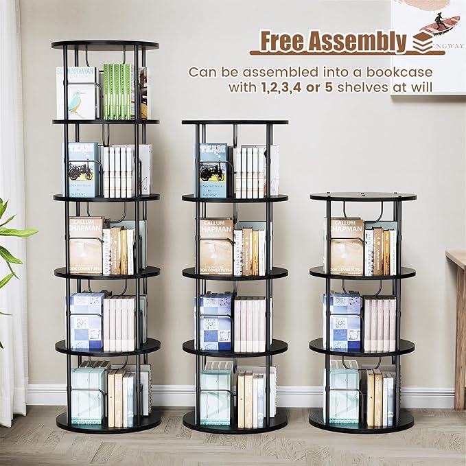 ALLSTAND 5 Tier Rotating Bookshelf, 360 ° Display Stackable Spinning Bookshelf