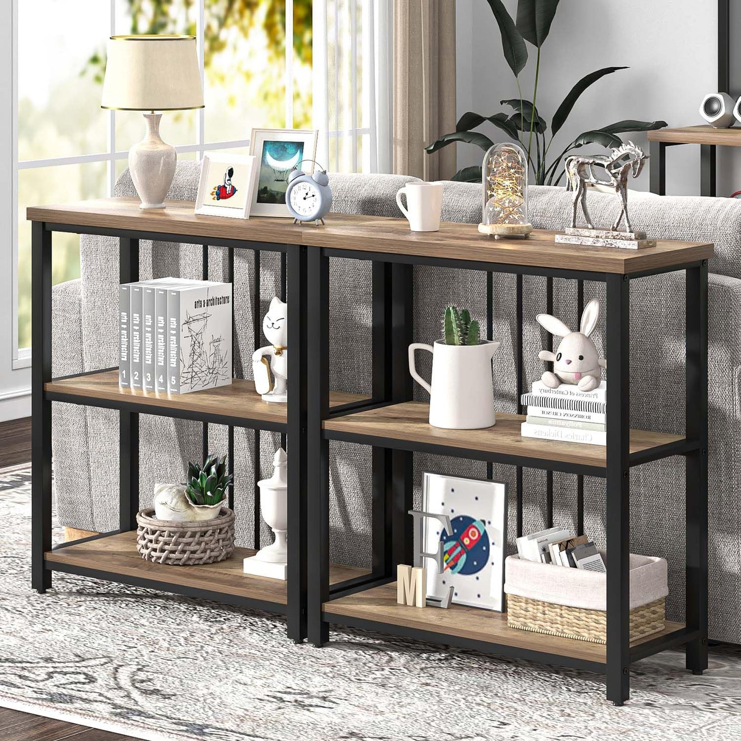 FOLUBAN Small Bookshelf and Bookcase, 3 Tier Open Book Shelf, Modern Metal and Wood Shelving Unit for Living Room Bedroom, Oak