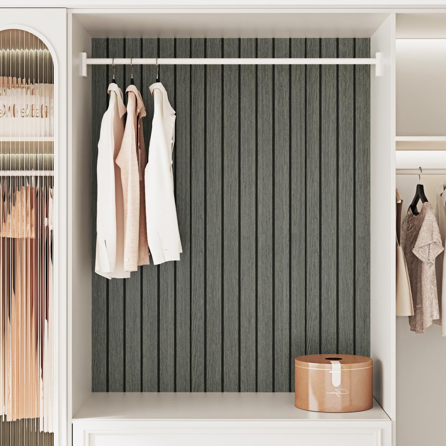 Skyblur Grey/Black Wood Slat Wall Panels for Interior Wall Decor PVC 3D Peel and Stick Wood Panels Textured Self Adhesive Removable Wooden Wallpaper for Bedroom Entrance Stick on Walls 11.8 x 118 in