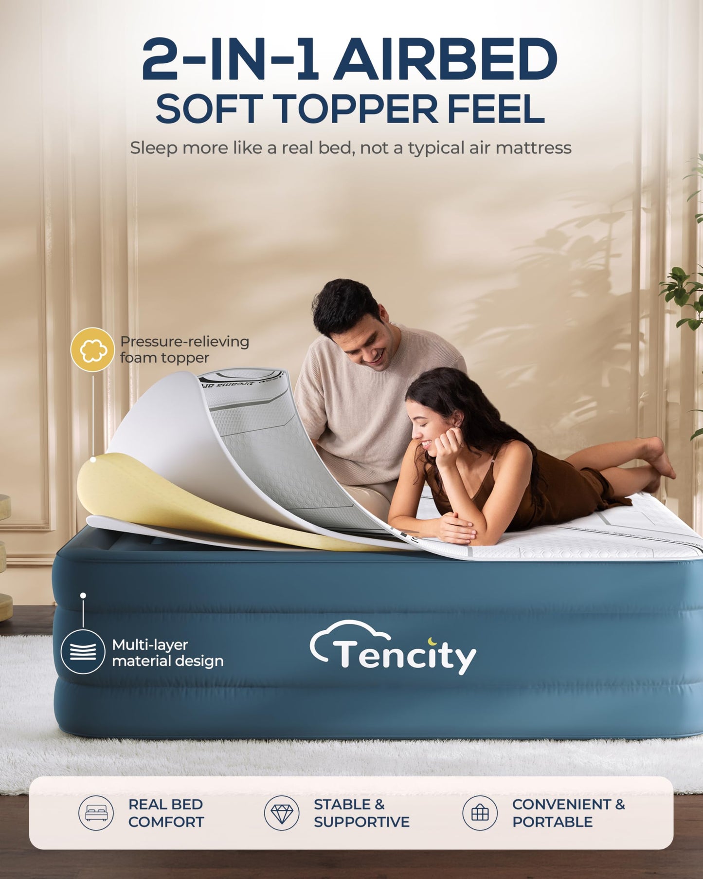 20” Tall Luxury Air Mattress with Quilted Foam Topper, Extra Firm Support with U-shaped PVC strap Inflatable Bed, Quiet & Comfortable Blow Up Bed for Home Guests, Camping, Travel, Fast Inflate AirBed