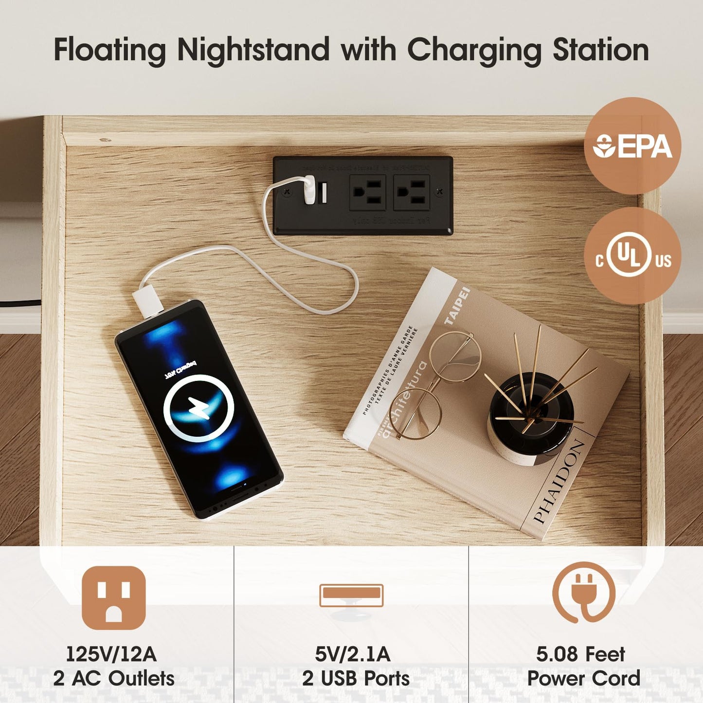 Floating Nightstand Set of 2 Modern Night Stands with Drawer and Open Shelf Cubby Small Bedside End Table with Charging Station Wall Mounted Nightstands Set 2 for Bedroom Natural