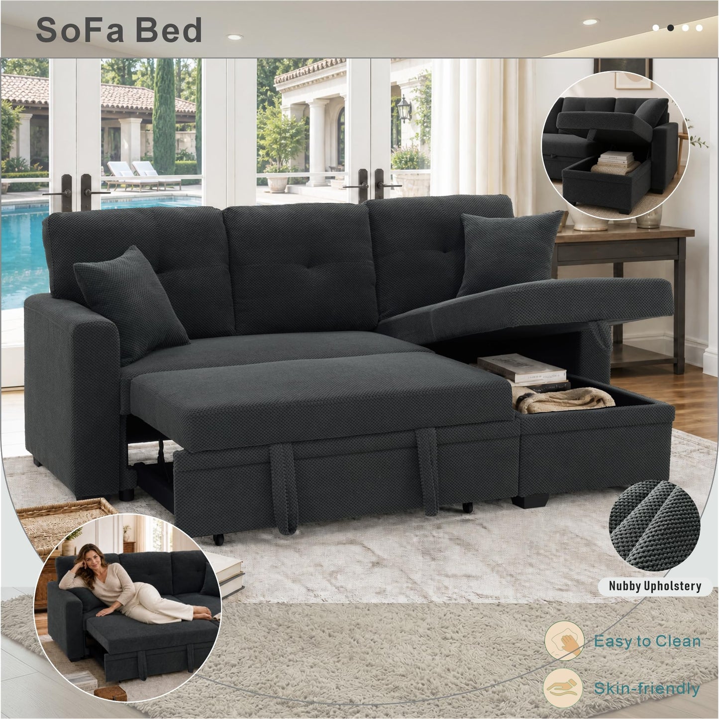 WuerQi 71" Sofa Bed with Queen Size Pull Out Couch, Sectional Sleeper Sofa with Reversible Storage Chaise, L Shaped Couch for Living Room, Apartment and Small Spaces (Dark Gray-L Shaped)