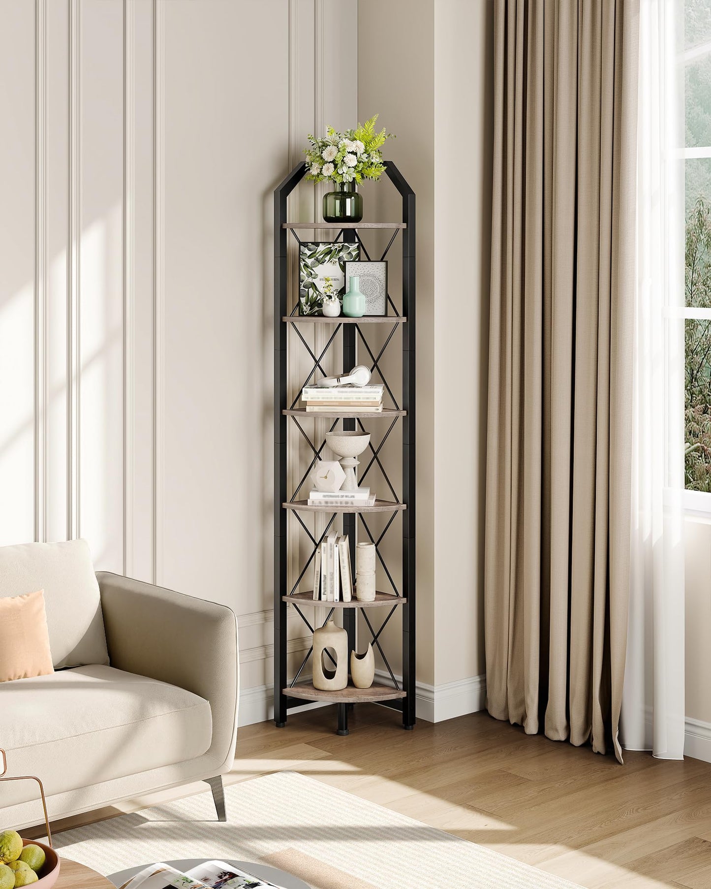 CHOEZON 6-Tier Corner Shelf, Industrial Corner Bookshelf, 71.2" Corner Storage Stand, Plant Stand Display Shelf, Corner Bookcase for Bedroom, Living Room, Home Office, Greige and Black TCJ11BG