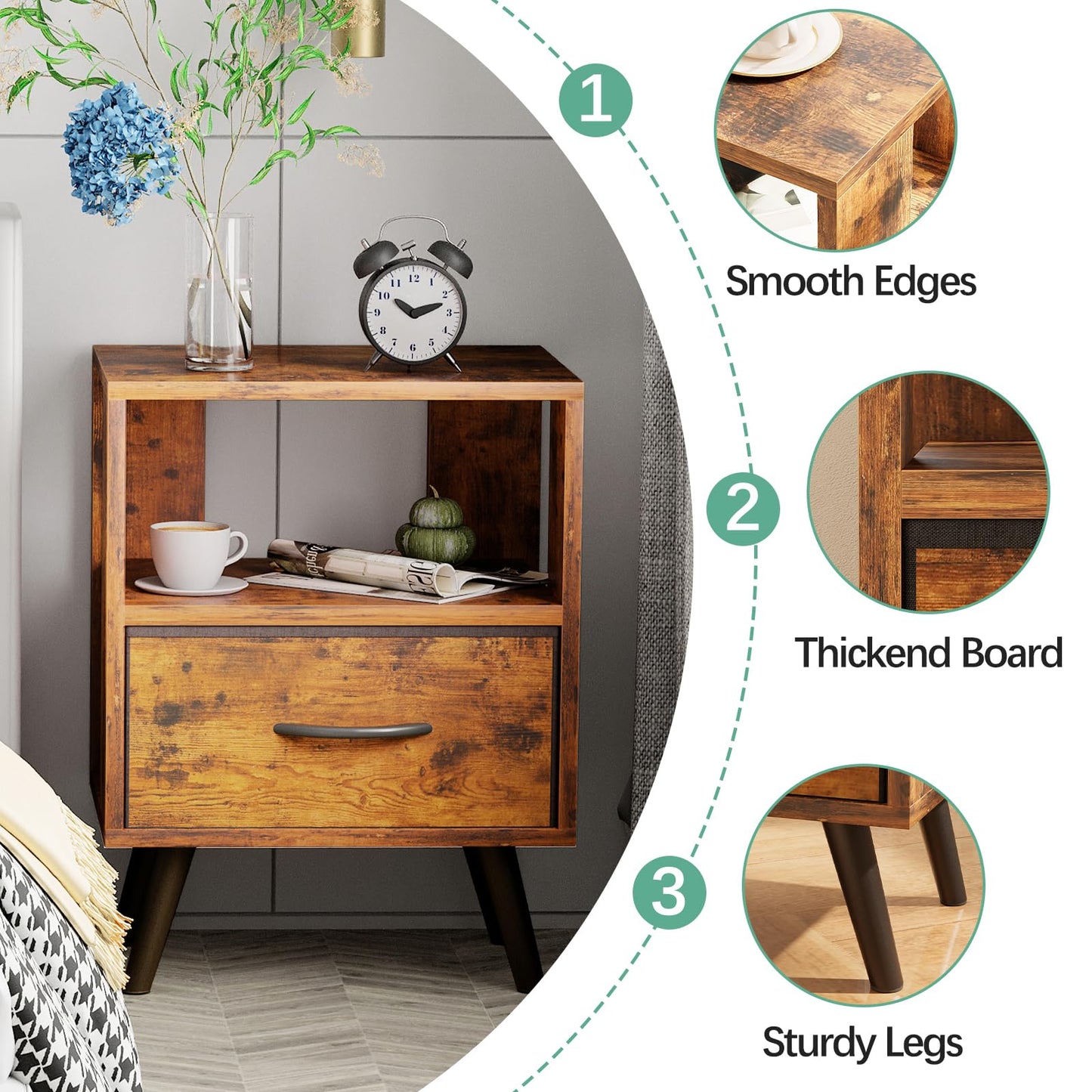 Aenuert Night Stand, Brown Nightstand with Drawer, Side Table with Open Storage, 2-Tier Modern End Table, Bedside Table for Small Space, Living Room, Bedroom