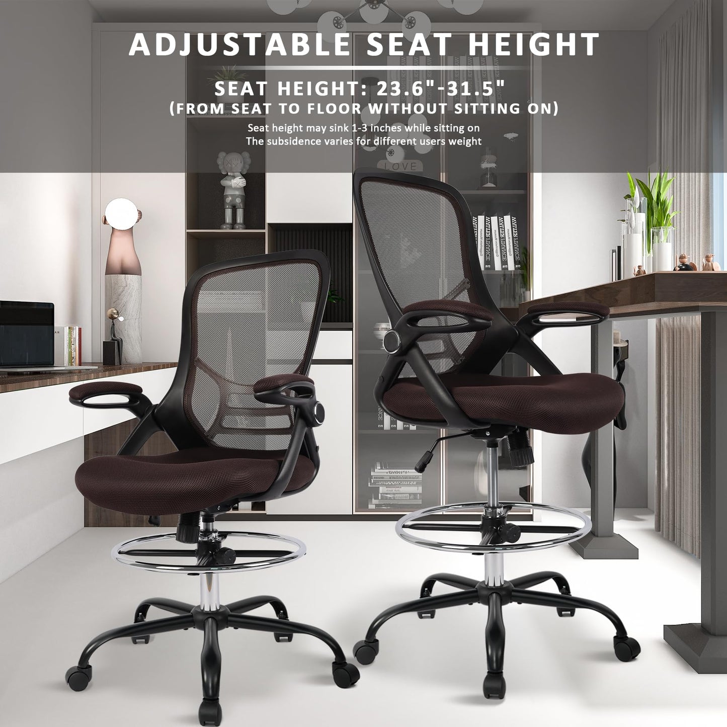 HYLONE Drafting Chair, Tall Office Chair Standing Desk Chair Brown Mesh High-Back Drafting Stool with Flip-Up Arms, Adjustable Foot Ring, Brown