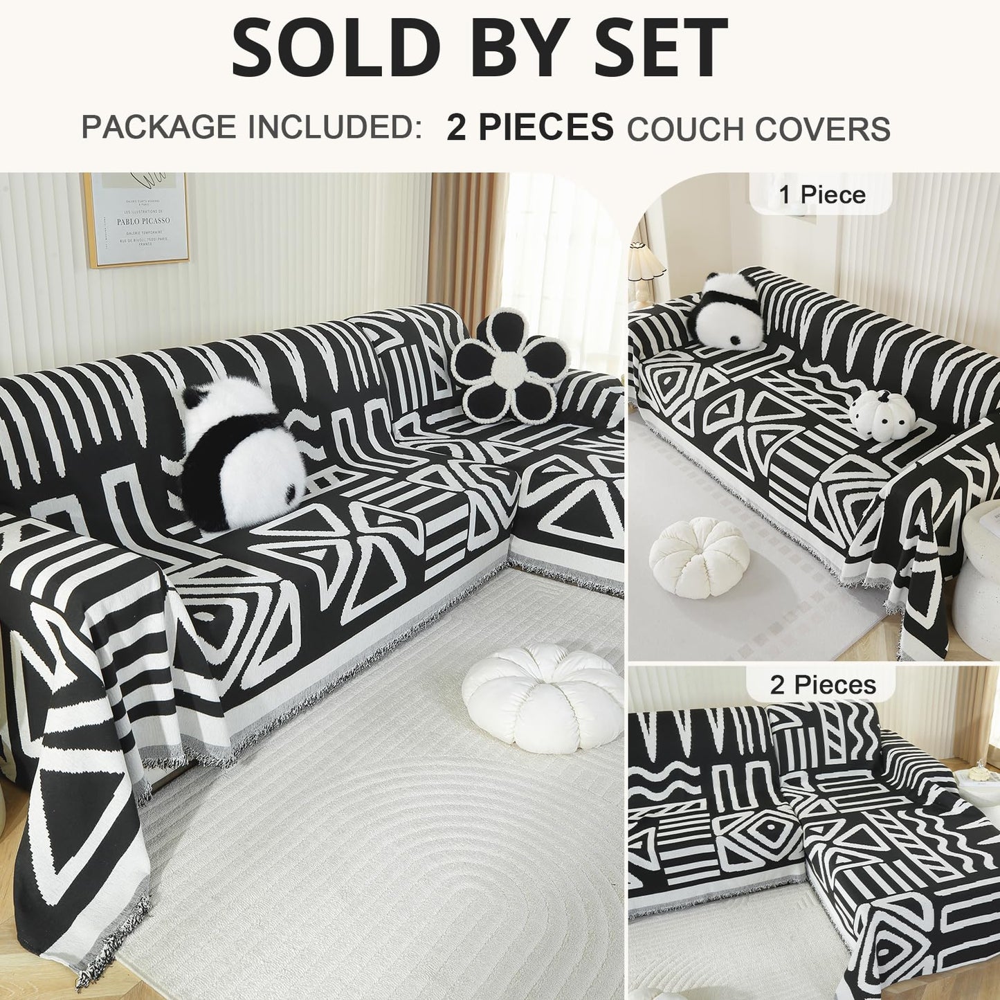 Royhom Sectional Couch Covers 2 Pieces, L Shaped Couch Cover Blanket, Boho Sofa Covers Washable, Sofa Slipcover with Tassel, Suitable for All Seasons (71"x110"+71"x118", Black)