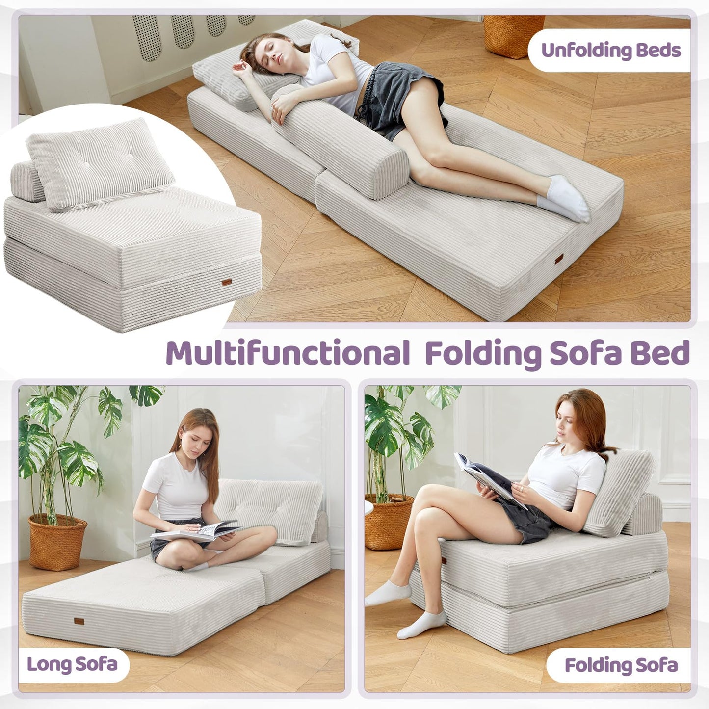PIASHJOY Folding Sofa Bed Chair, Sleeper Chair with Pillows,Boneless Couch Sectional with High-Density Foam, Corduroy Fabric Couch,Foldable 3 in1 Mattresst for Small Space,Single, Silver Gray