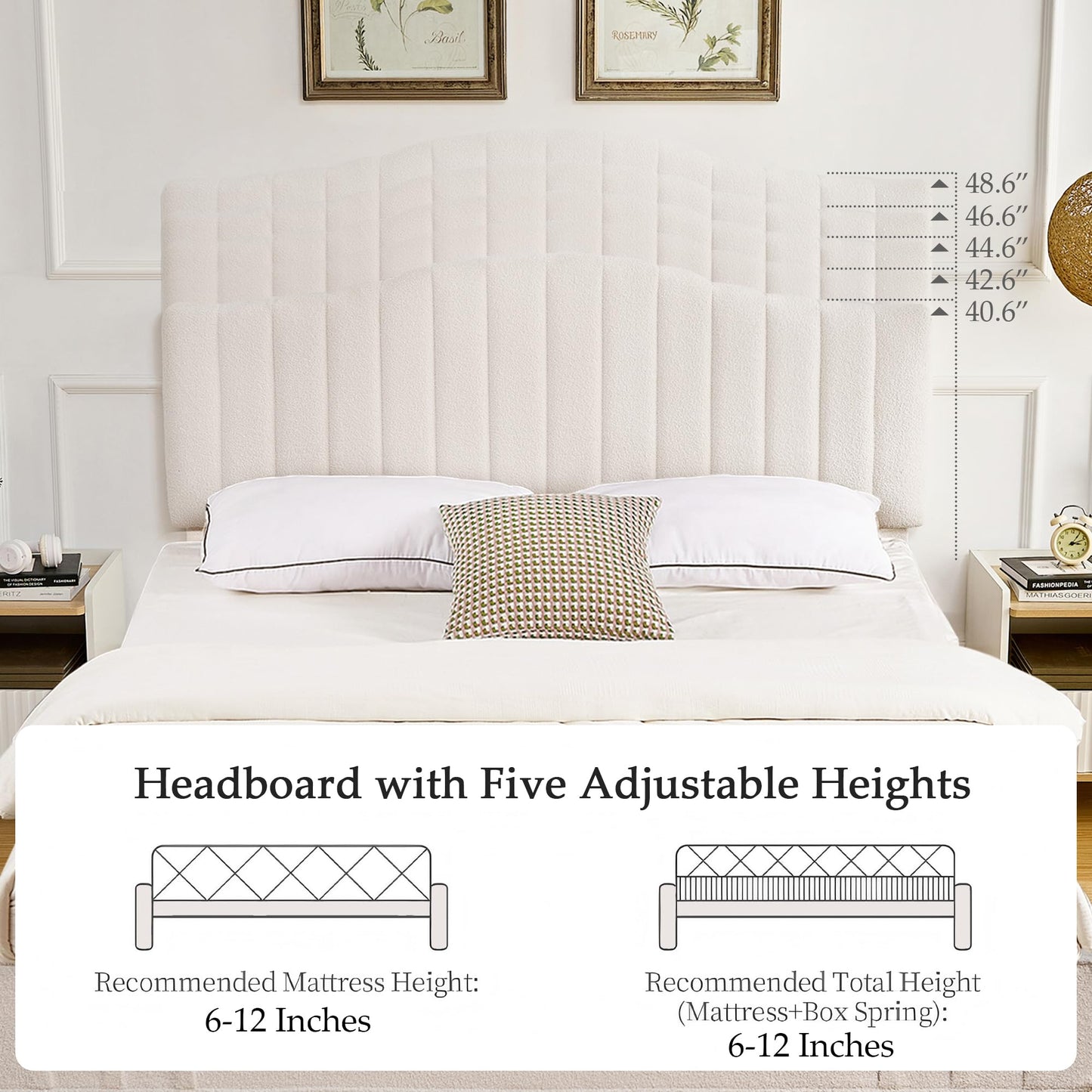 VECELO Full Size Beds Upholstered Platform Bed Frame with Height-Adjustable Teddy Fabric Headboard/Strong Wood Slats Supports / 7.9'' Under Bed Storage Space/Noise Free/No Box Spring Needed, Cream
