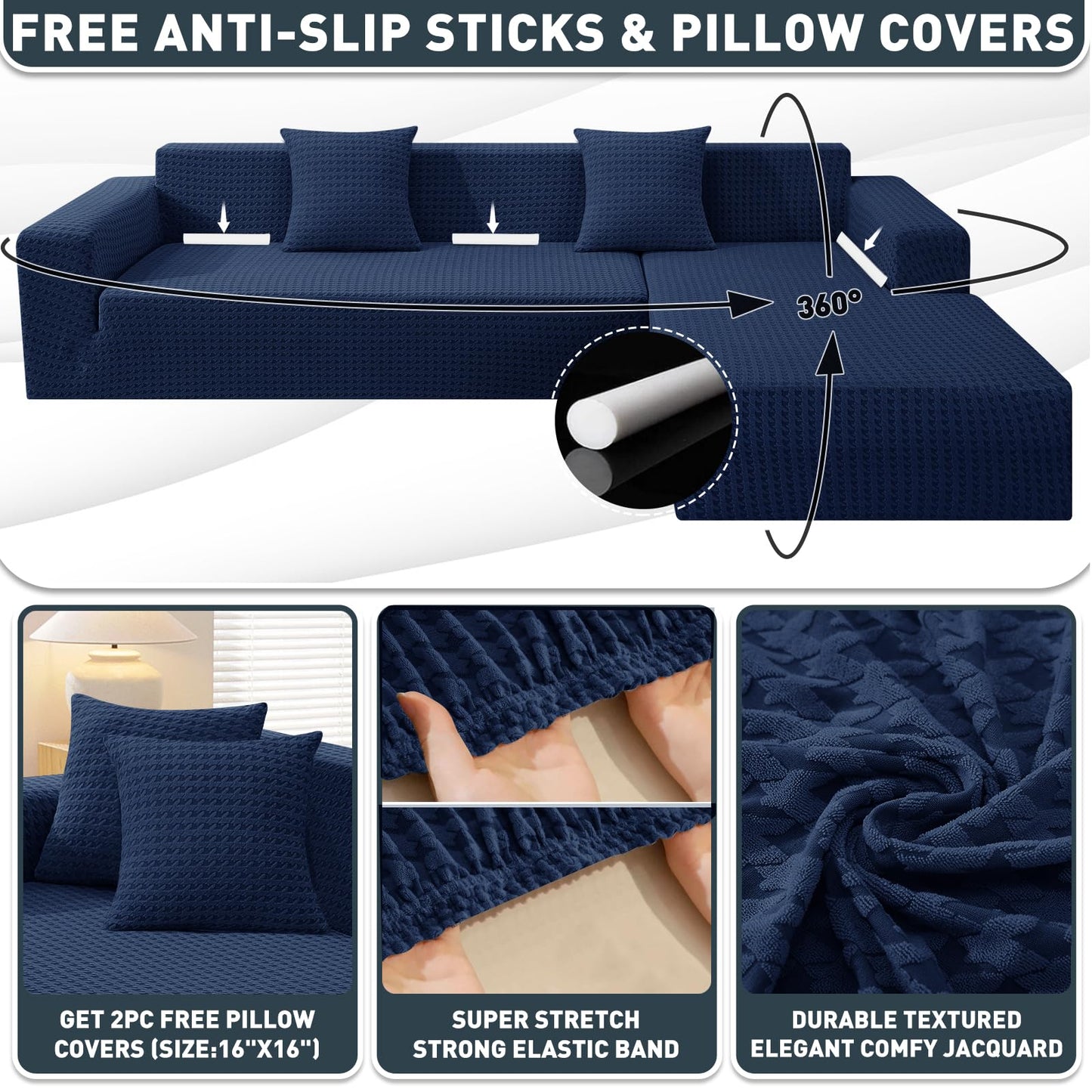 ZNSAYOTX Stretch Sectional Couch Covers New-Houndstooth Texture, Thick Slipcovers with Elastic Bottom for L Shape Sectional Sofa, 2 Pcs Pet Friendly Universal Protector (Sofa or Chaise), Navy Blue