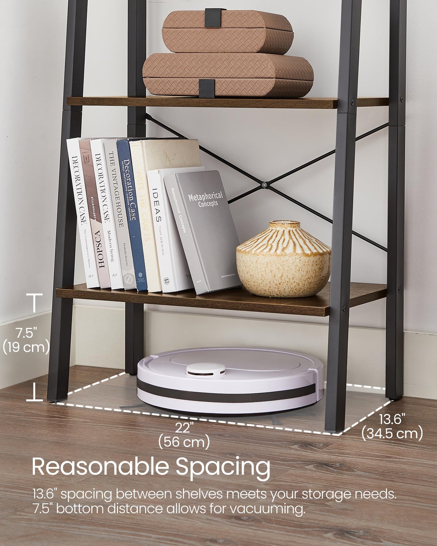 VASAGLE BARNET Collection - Ladder Shelf, Bookshelf, Storage Rack, Modern Bookcase for Living Room Home Office Kitchen, Steel Frame, 4-Tier, 22-Inch Wide, Hickory Brown and Ink Black ULLS44BF