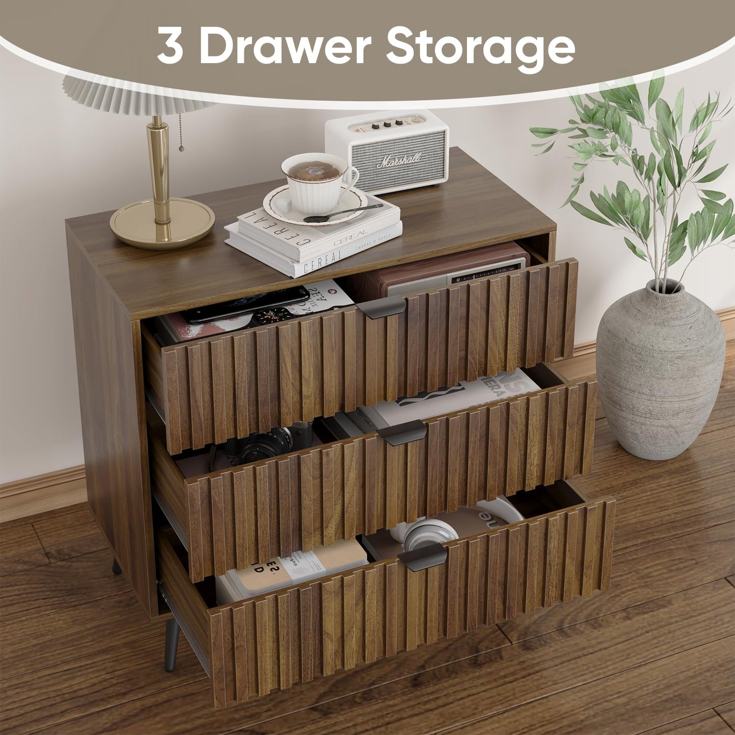 Smart FENDEE 3 Drawers Dresser, Fluted Small Dresser, 31.5“ W Mid- Century Modern Wooden Chest of Drawers, Large Nightstand Organizer for Bedroom, Closet, Hallway, Entryway, Walnut