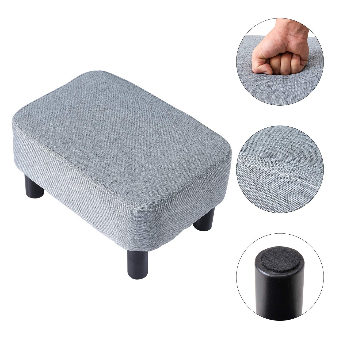 IBUYKE 16.54" Small Footstool Linen Fabric Pouf Ottoman Footrest Modern Home Bedroom Rectangular Stool, with Padded Seat Pine Wood Legs, Gray Blue RF-BD214-D