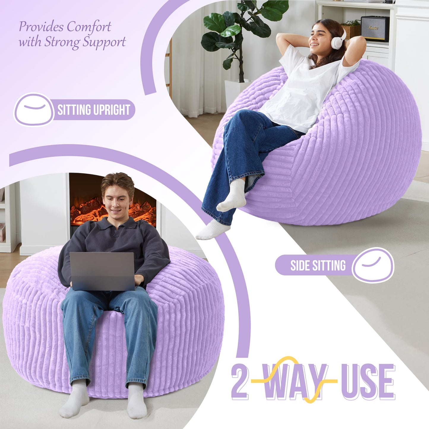 Homguava 3 FT Bean Bag Chair,3' Big Bean Bag,Large Bean Bag Chairs for Adults with Memory Foam Filled,Comfy Beanbag Chairs Soft Bean Bag Sofa with Dutch Corded Plush Cover-Purple