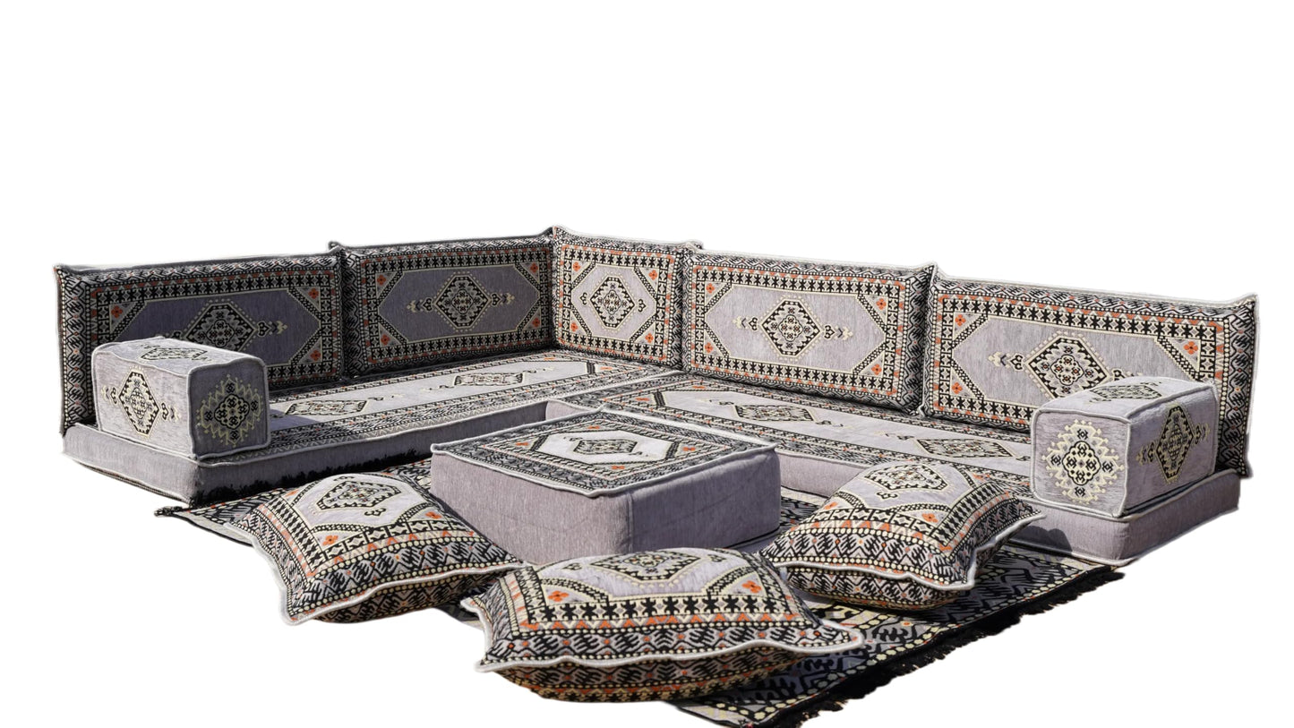 L Shaped Arabic Floor Cushions, Sectional Sofas, Arabic Majlis Set, Custom Made Sofa, Arabic Sofa Set, Seating Cushions (4'' Thickness Sofa, L Sofa Full Set, Gray)