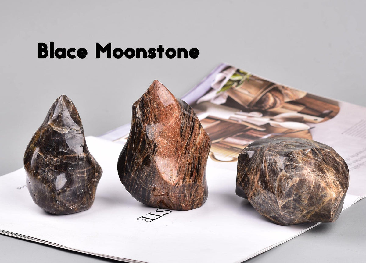 AMOYSTONE Black Moonstone Flame Shaped Towers Large Healing Crystal Stone Home Decor 1.0-1.5LBS