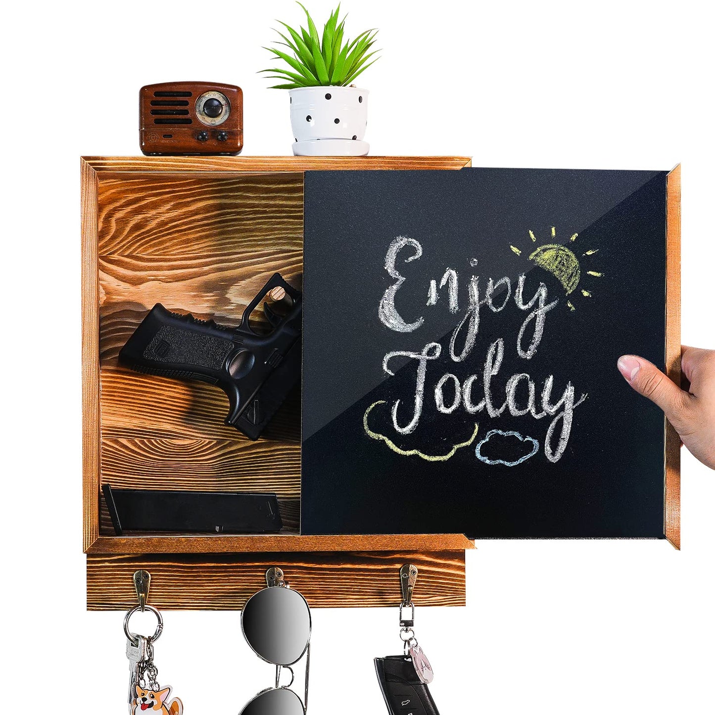 MOCAS Hidden Gun Storage, Hidden Wall Gun Safe Pistol Rack Shelf with 3 Hooks for Secret Decor Concealment Furniture, Art Storage Cabinet Wooden Storage Shelves Indoor Picture Frame