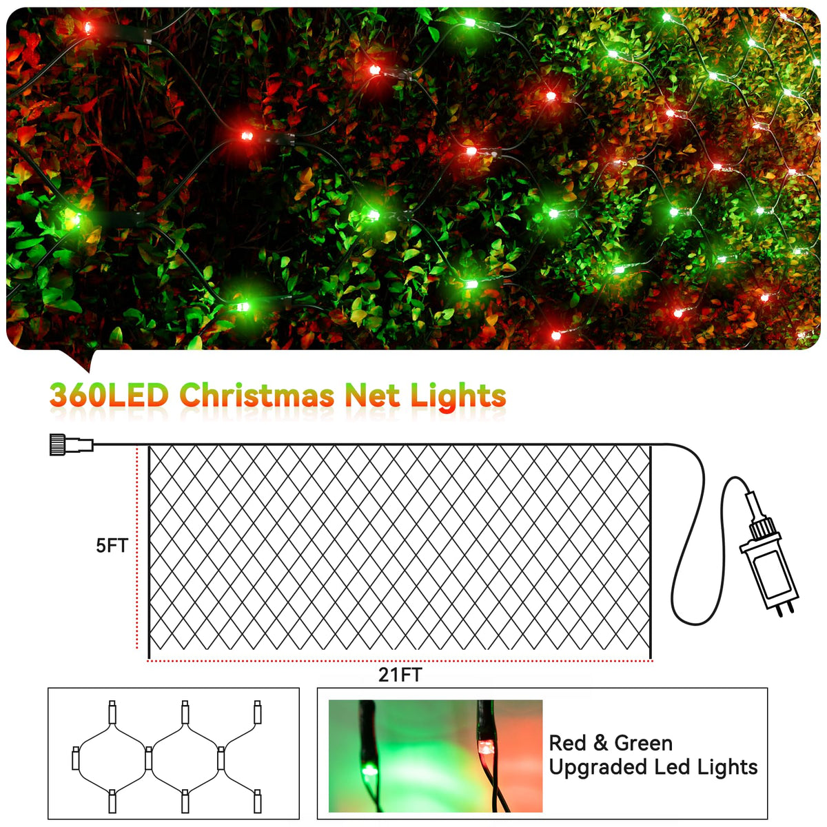 LitHome 21FT x 5FT Christmas Net Lights Outdoor, 360 LED Red Green Bush Lights with 8 Modes, Connectable Waterproof Net Mesh Light Dark Green Wire for Bushes Shrubs Outdoor Christmas Holiday Decor
