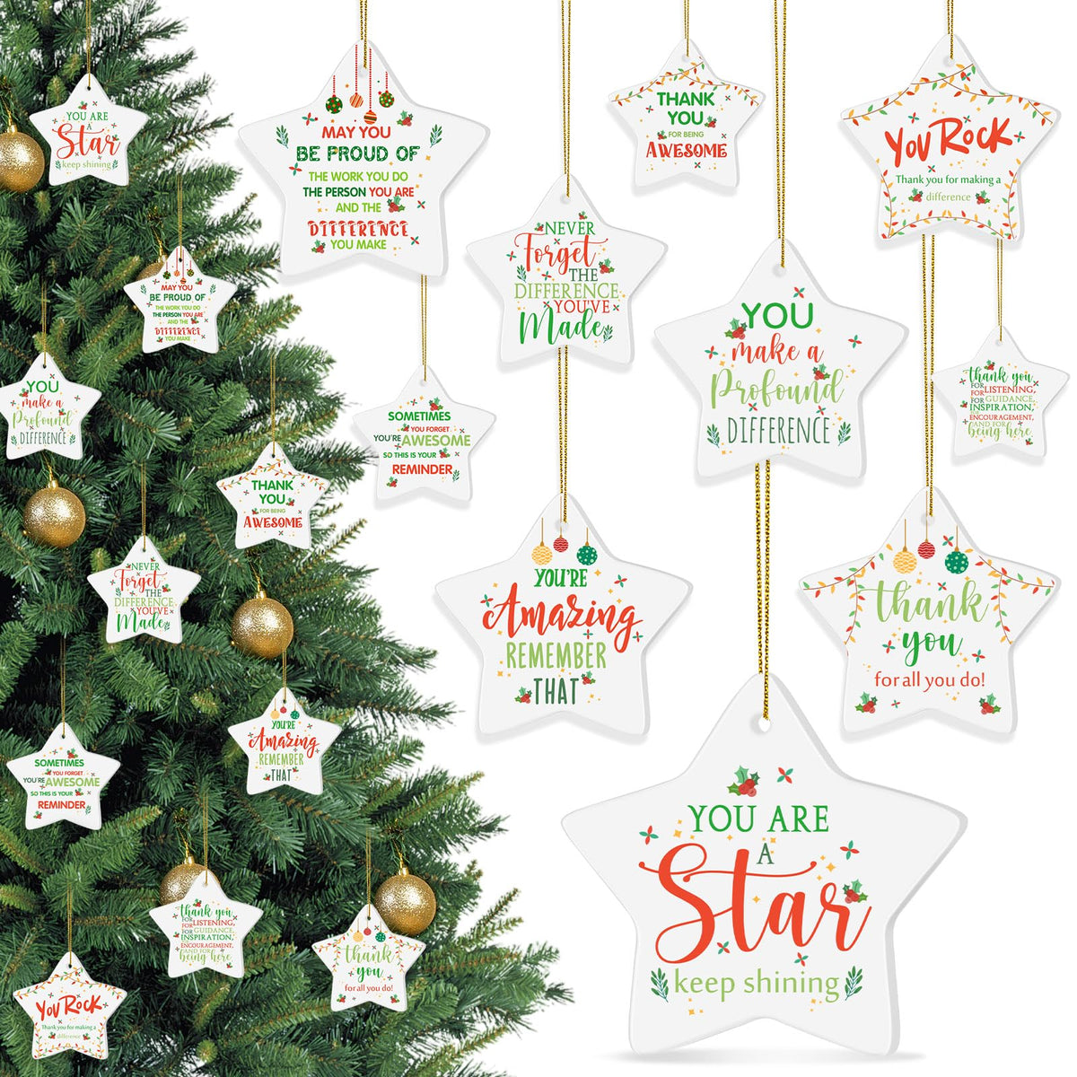 Tioncy 30 Pcs Christmas Thank You Ornament Gifts for Coworkers Employee Appreciation Gifts Thank You for Being Awesome Star Hanging Plaque for Teacher Friend Office Xmas Tree Decoration (Ceramic)