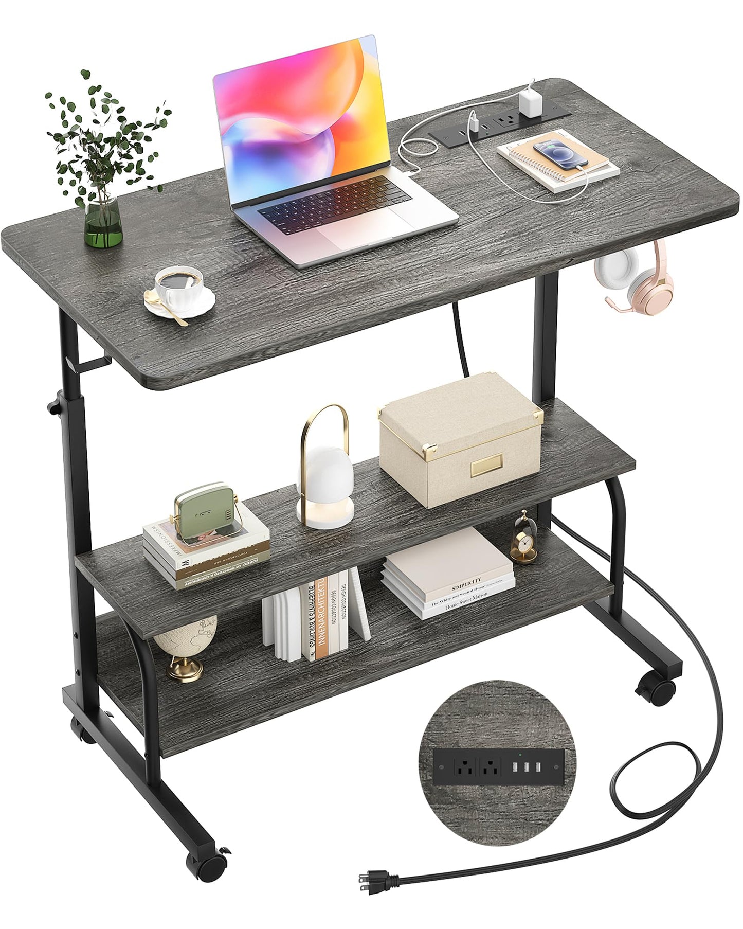 Armocity Rolling Standing Desk with Charging Station, Portable Height Adjustable Mobile Computer Desk with Wheels & 2-Tier Shelves & Hooks, Easy Assembly Laptop Table for Couch Bed, 32" Grey Oak