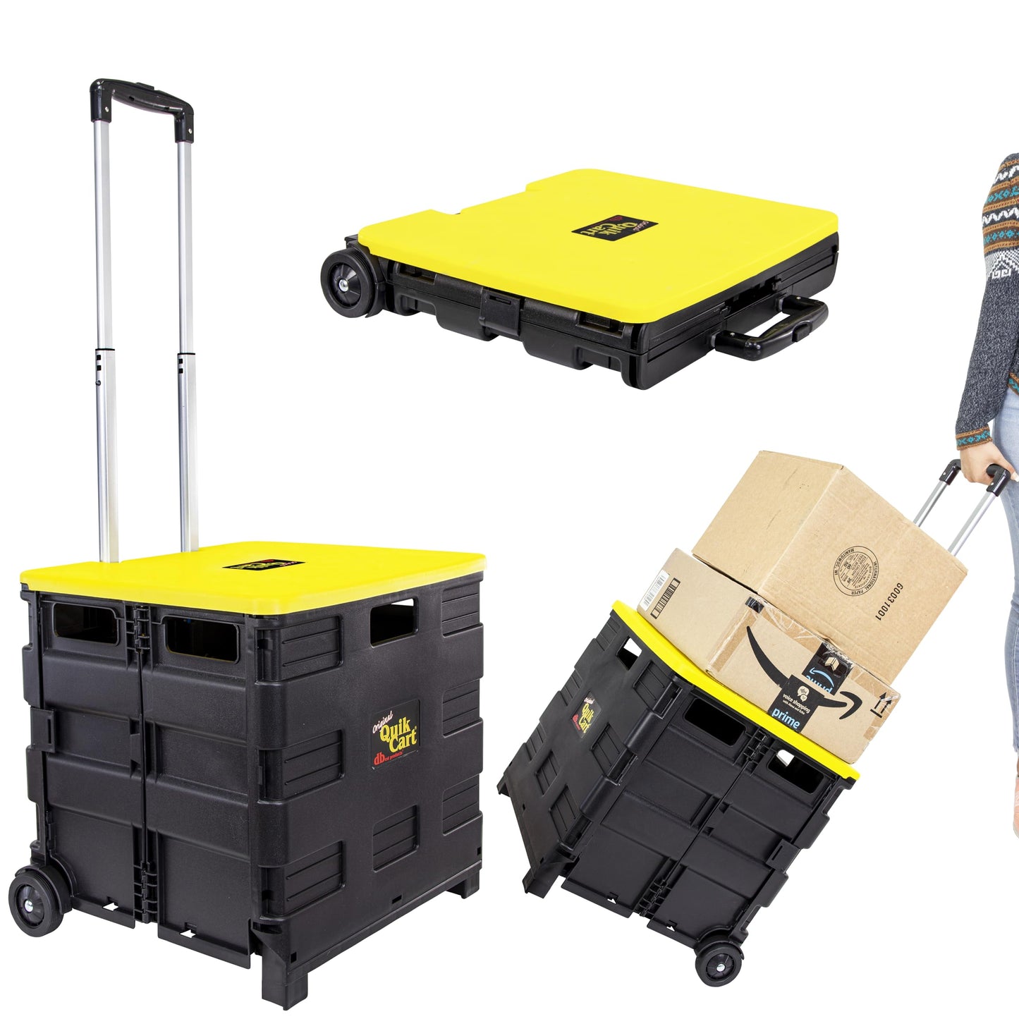 dbest products Quik Cart Collapsible Rolling Crate on Wheels for Teachers Tote Basket 80 lbs Capacity, Made from Heavy Duty Plastic and Used as a Seat, Canary, Yellow