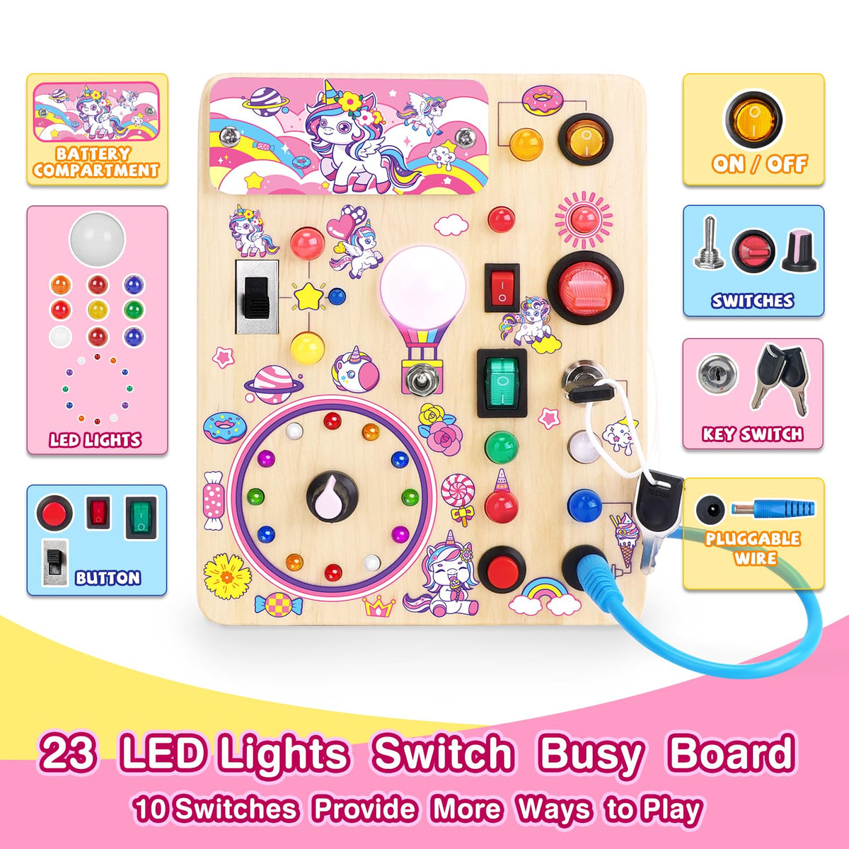 Grarain Busy Board for Toddlers - Montessori Educational Toy for 1-3 Year Old Boys & Girls | Travel-Friendly Sensory Learning Activity | Ideal for Kids with Autism(Unicorn Busy Board)