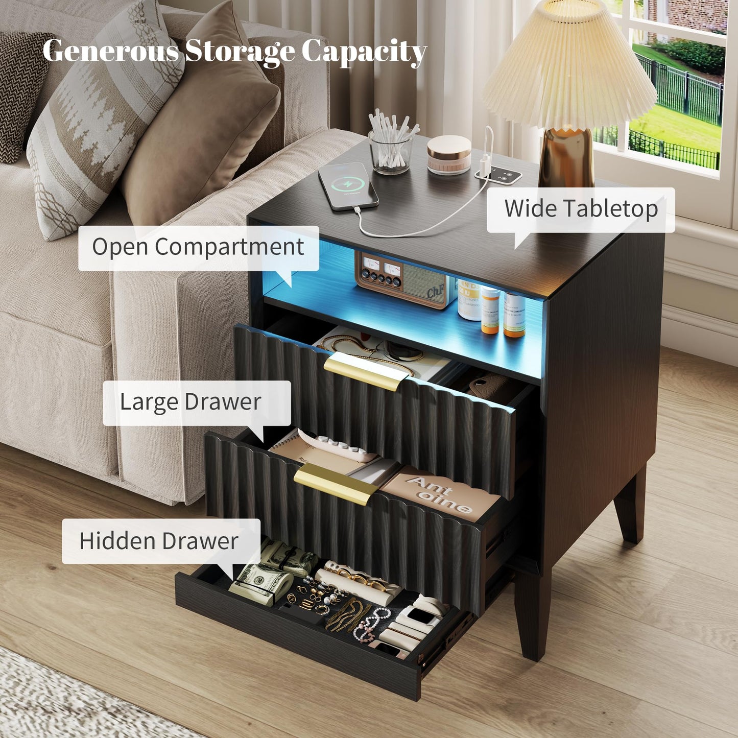 LVSOMT 20'W Fluted Nightstand Set of 2, Night Stand with Charging Station and LED Lights, RFID Lock Hidden Drawer, Mid Century Modern Bedside Table for Bedroom, 2 Drawers and Open Storage Cubby, Black