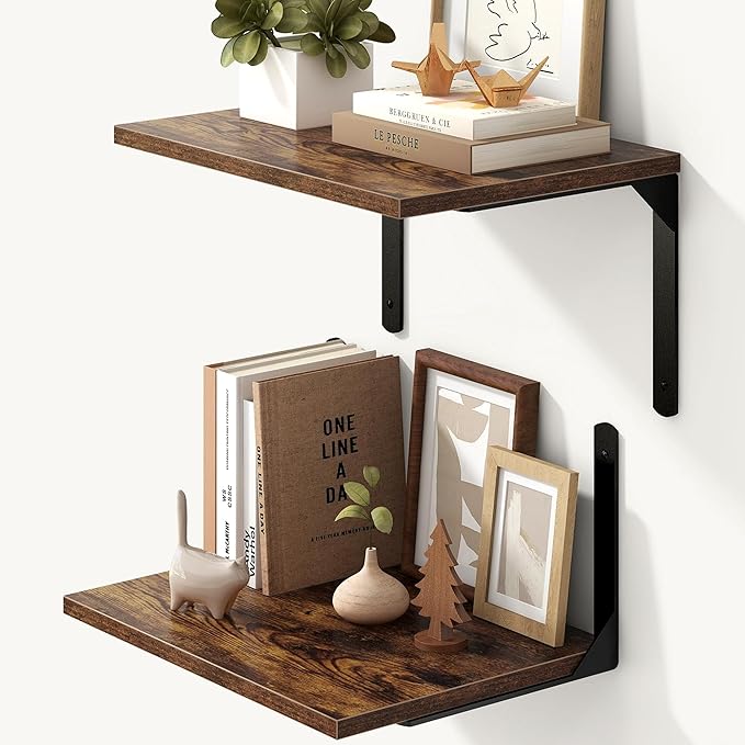 Fun Memories Rustic Brown 12 Inch Deep Floating Shelves Set of 2, Wall Mounted