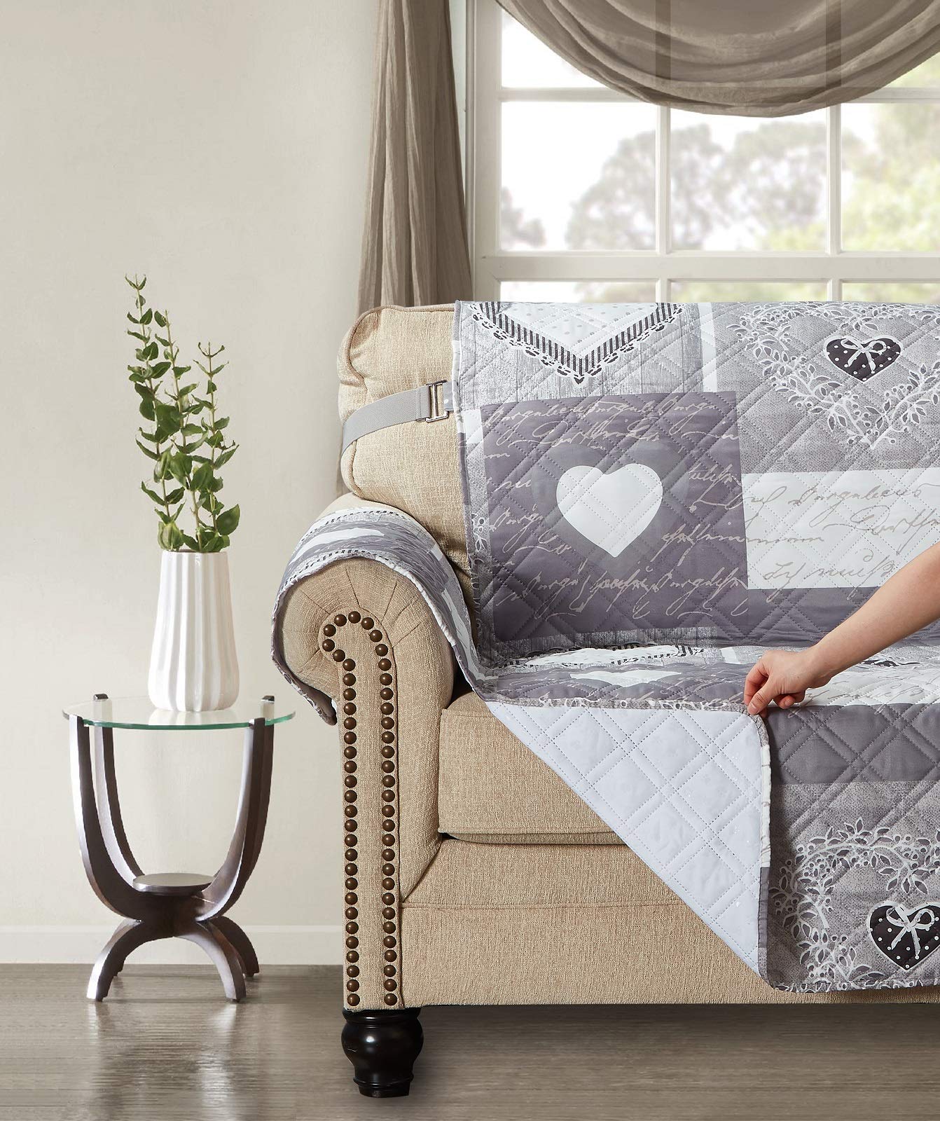 Brilliant Sunshine Grey Heart Love Patchwork Quilted Chair Slipcover, 23" Seat Width, Slip Resistant Furniture Protector, 2" Strap, Washable Armchair Cover for Pets, Kids, Dogs, Cats, Grey