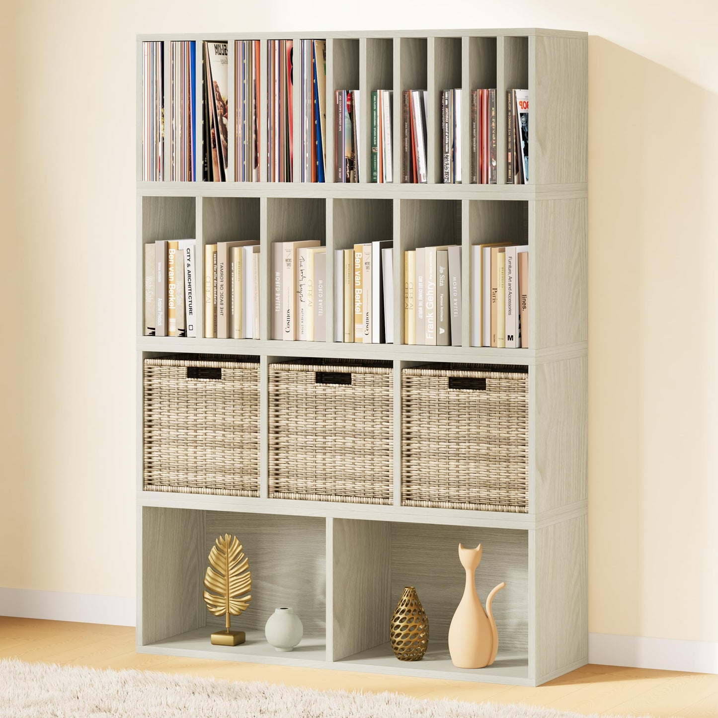 IOTXY DIY Modular Cube Bookcase - CubeXY Customizable Stackable Expandable Combination Set, 23-Cube Open Bookshelf for Books, Fabric Storage Bin, and 7/10-inch Vinyl Record Organizer, Oak