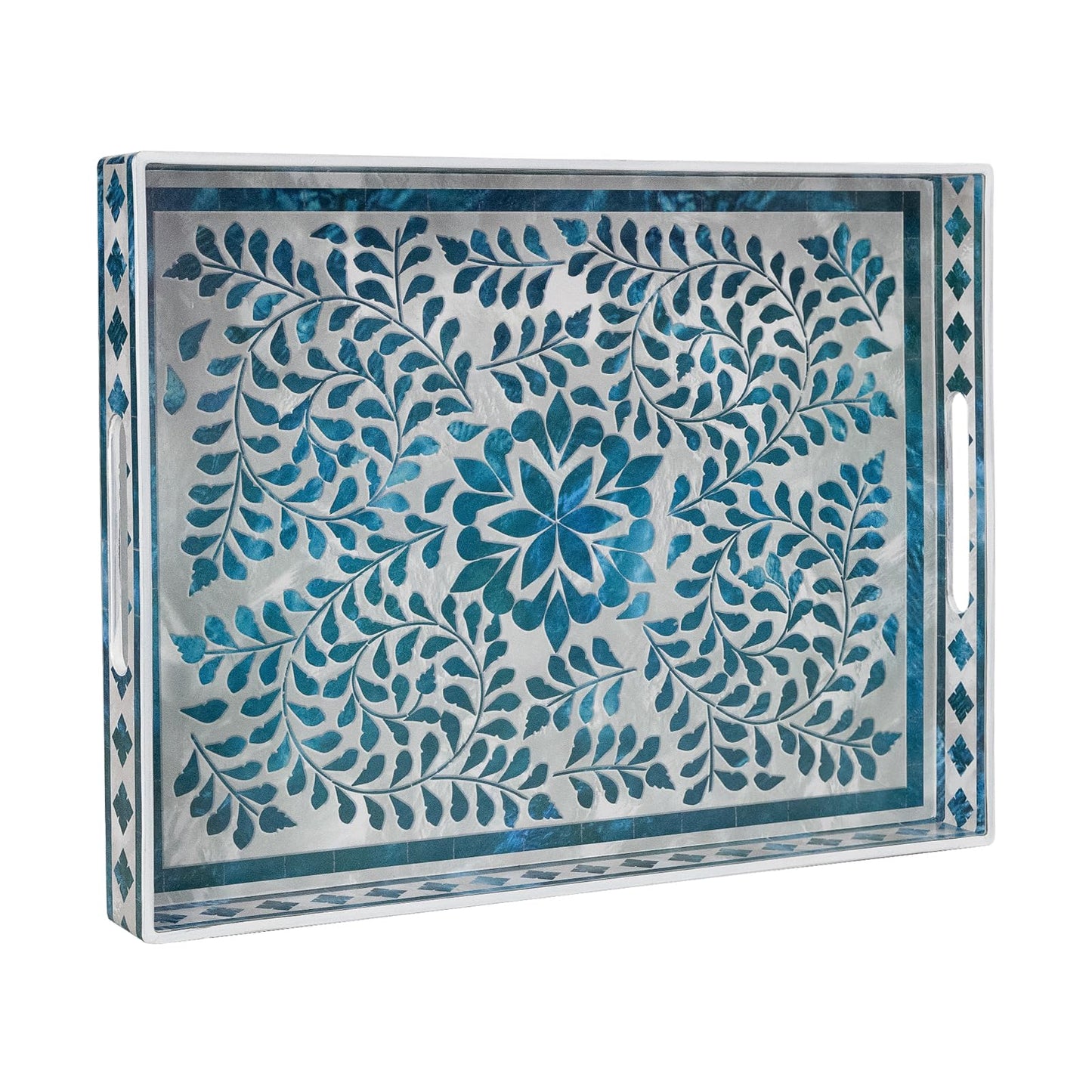 MAONAME Rectangular Decorative Tray, Plastic Serving Tray with Handles, Modern Blue Trays for Ottoman, Coffee Table Trays for Living Room, Home Decor, 15.7" x 11.8" x 1.6"