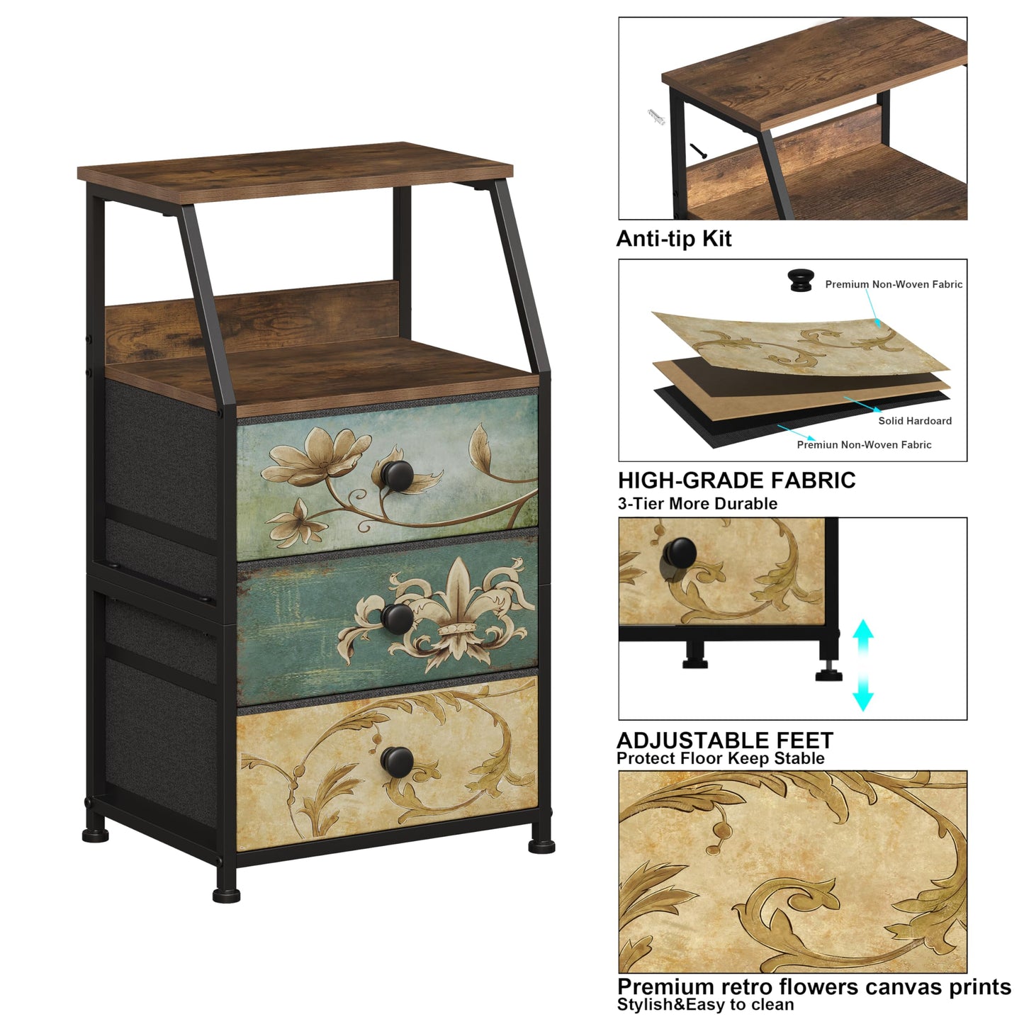 Tohomeor Dresser with Fabric Drawers Nightstand with 2 Tier Shelf Storage Tower for Bedroom Hallway Entryway Closet Organizer Sofa Beside Table Furniture (Multi, 3 Drawers)