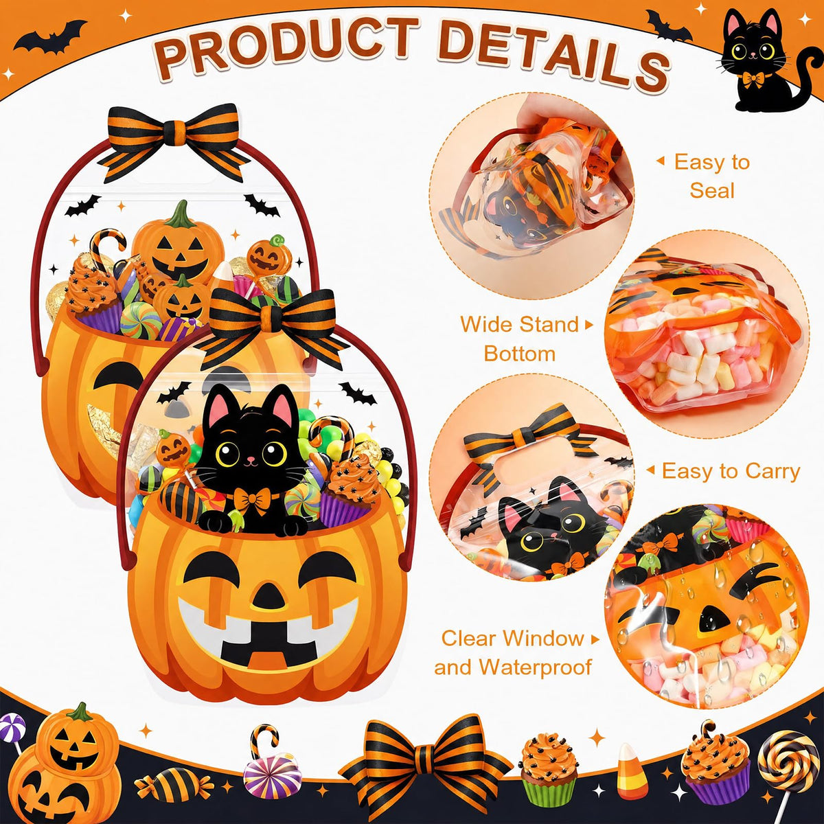 Fuutreo 50 Pcs Halloween Plastic Bags Clear Black Cat Pumpkin Sealed Gift Pouches with Handles Resealable Scary Holiday Favor Bags for Halloween Holiday Party Candy Gift Wrapping Supplies Decoration