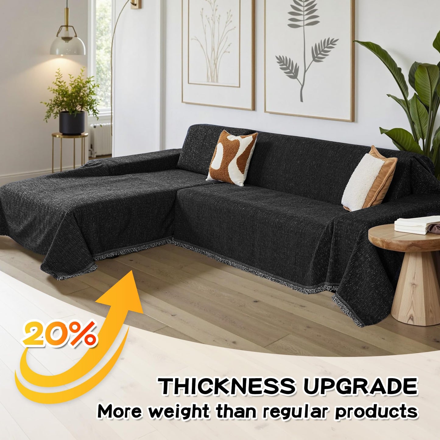 MYSKY HOME Couch Cover for Sectional Sofa, 2 Pieces Chenille Couch Covers for L Shape Sofa Cover, Furniture Protector for Pets, Kids, Sofa Slipcover for 3-4 Cushion Couch (71"x118"+91"x134", Black)