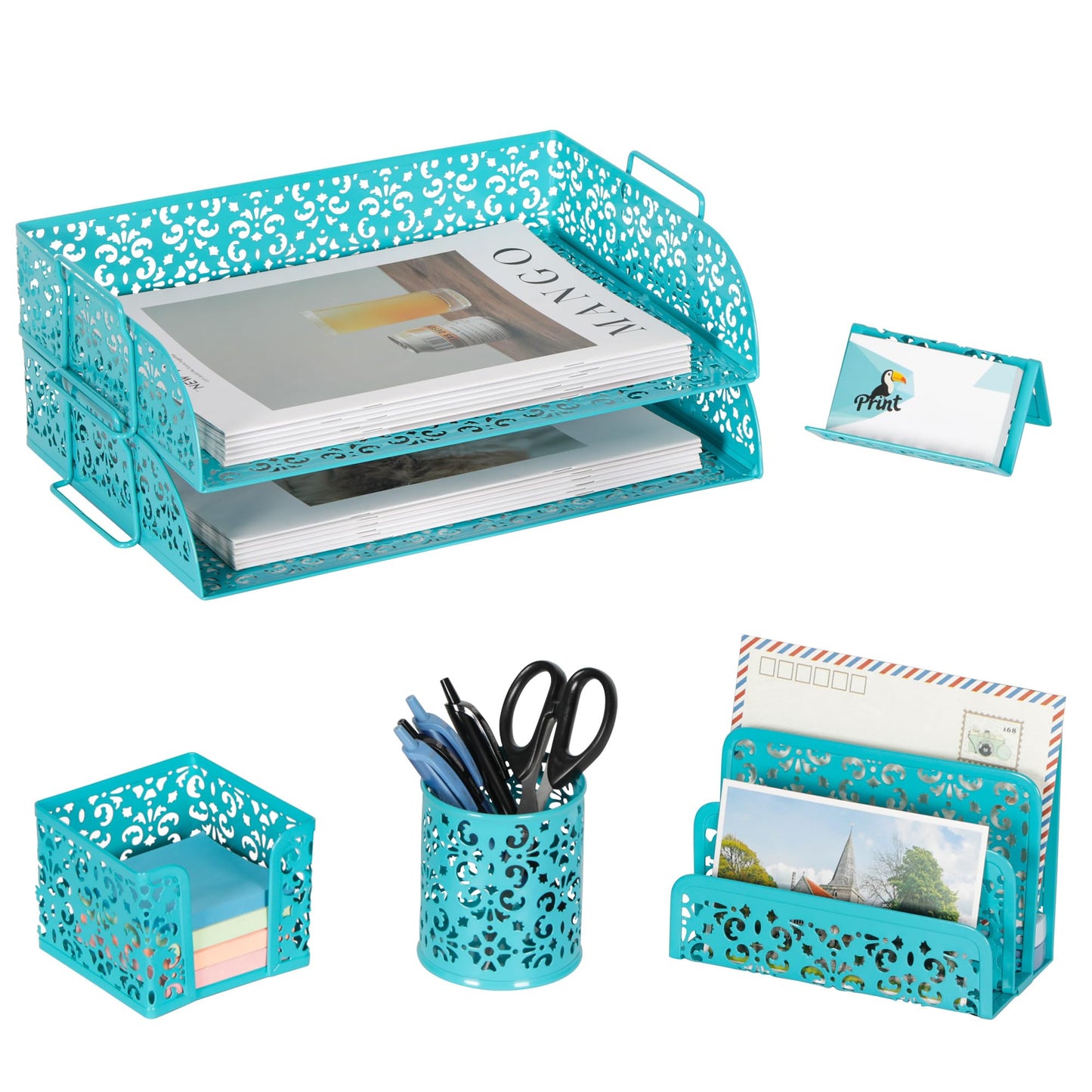 EasyPAG Desk Organizers and Accessories 5 Pieces Office Supplies Set - 2 Tier Paper Tray, Pencil Organizer for Desk, Mail Sorter Countertop, Business Card Holder and Sticky Note Holder, Dark Teal