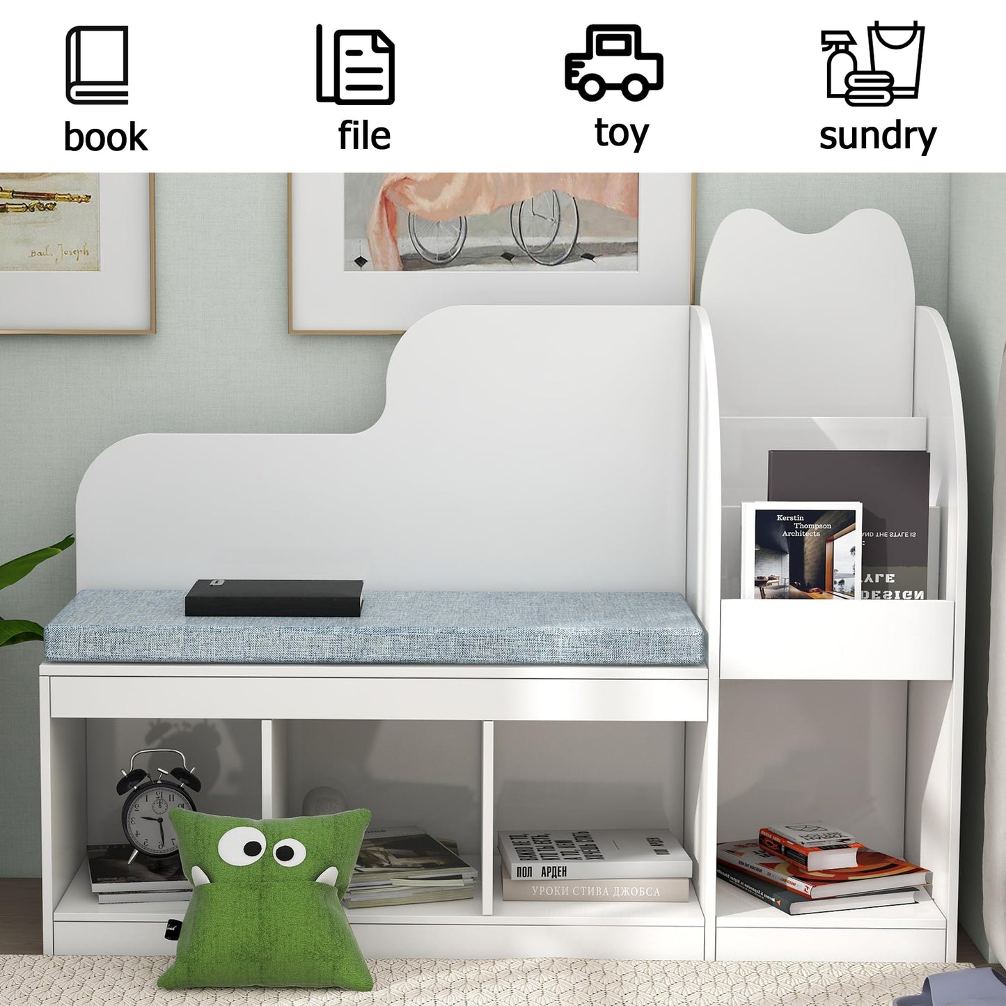 TaoHFE Reading Nook for Kids with 4 Storage Cubes and Cushion, Kid Bench with Kids Bookshelf and Toy Storage, Multifunctional Kids Reading Nook for Living Room, Kid Room, Nursery, White
