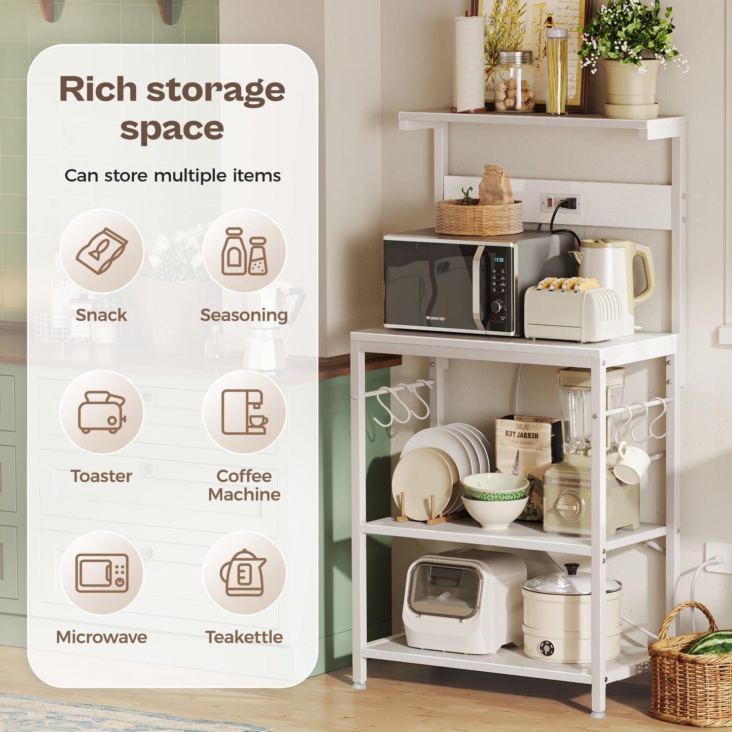 SUPERJARE Kitchen Bakers Rack with Power Outlet, Coffee Bar Table 4 Tiers, Kitchen Microwave Stand with 6 S-Shaped Hooks, Storage Shelf Rack for Spices, Pots and Pans - White