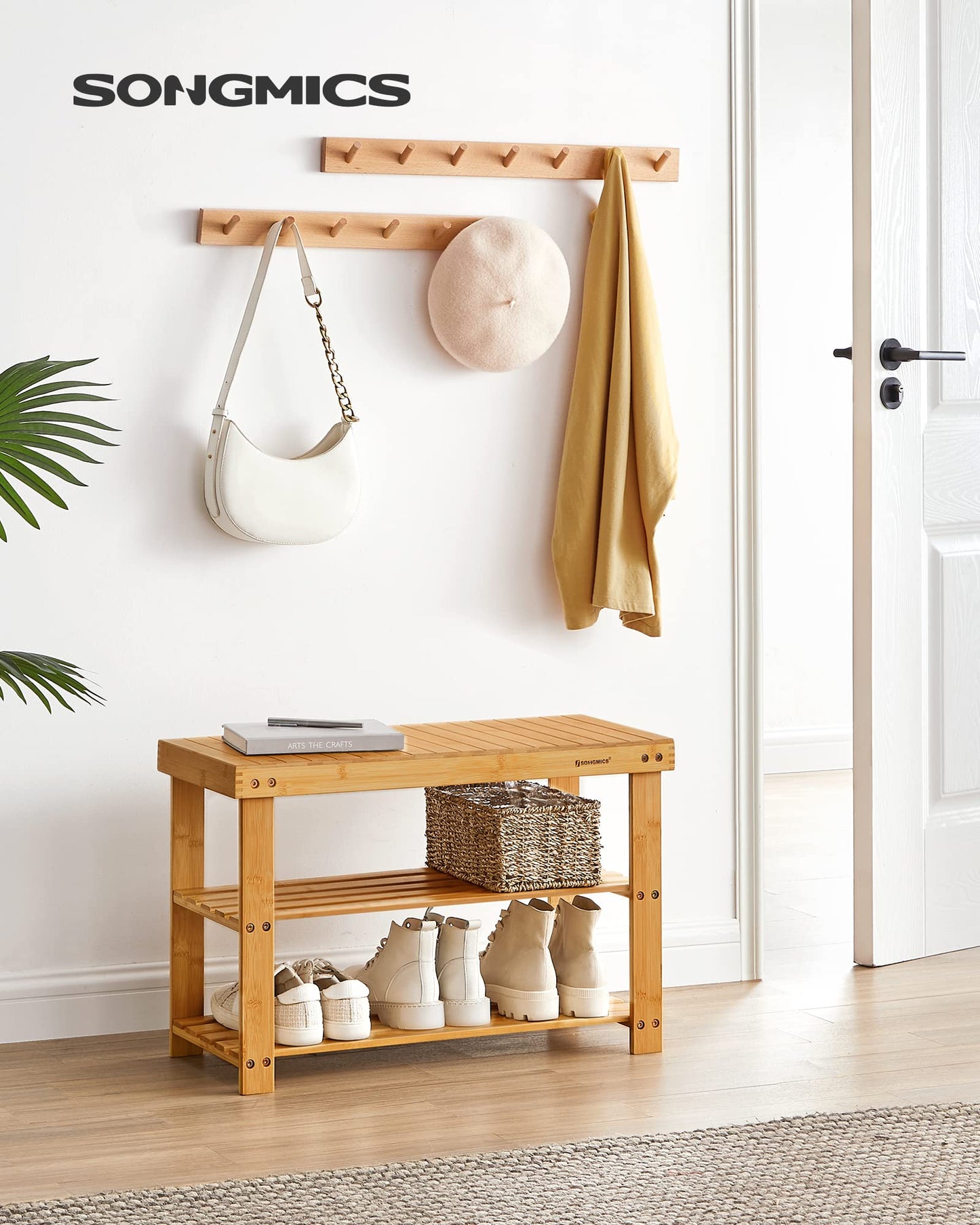 SONGMICS Shoe Rack Bench, 3-Tier Bamboo Shoe Storage Organizer, Entryway Bench, Holds Up to 286 lb, 11.3 x 27.6 x 17.8 Inches, for Entryway Bathroom Bedroom, Natural ULBS04N