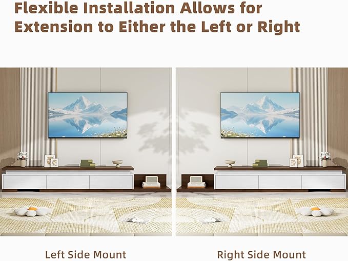 Extendable TV Stand with LED Lights, Modern TV Console with 3 Drawers, Wooden