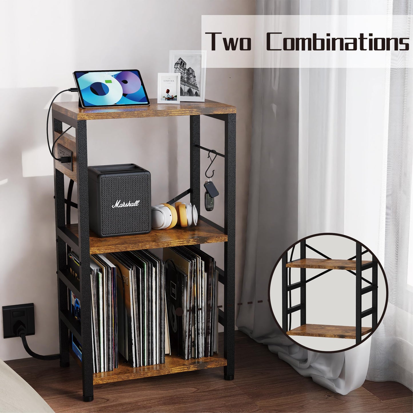 YAKANJ End Table with LED Light,Record Player Stand with Charging Station,Vinyl Records Storage,Turntable Stand Albums Storage for Music Room Studio-Modern Brown