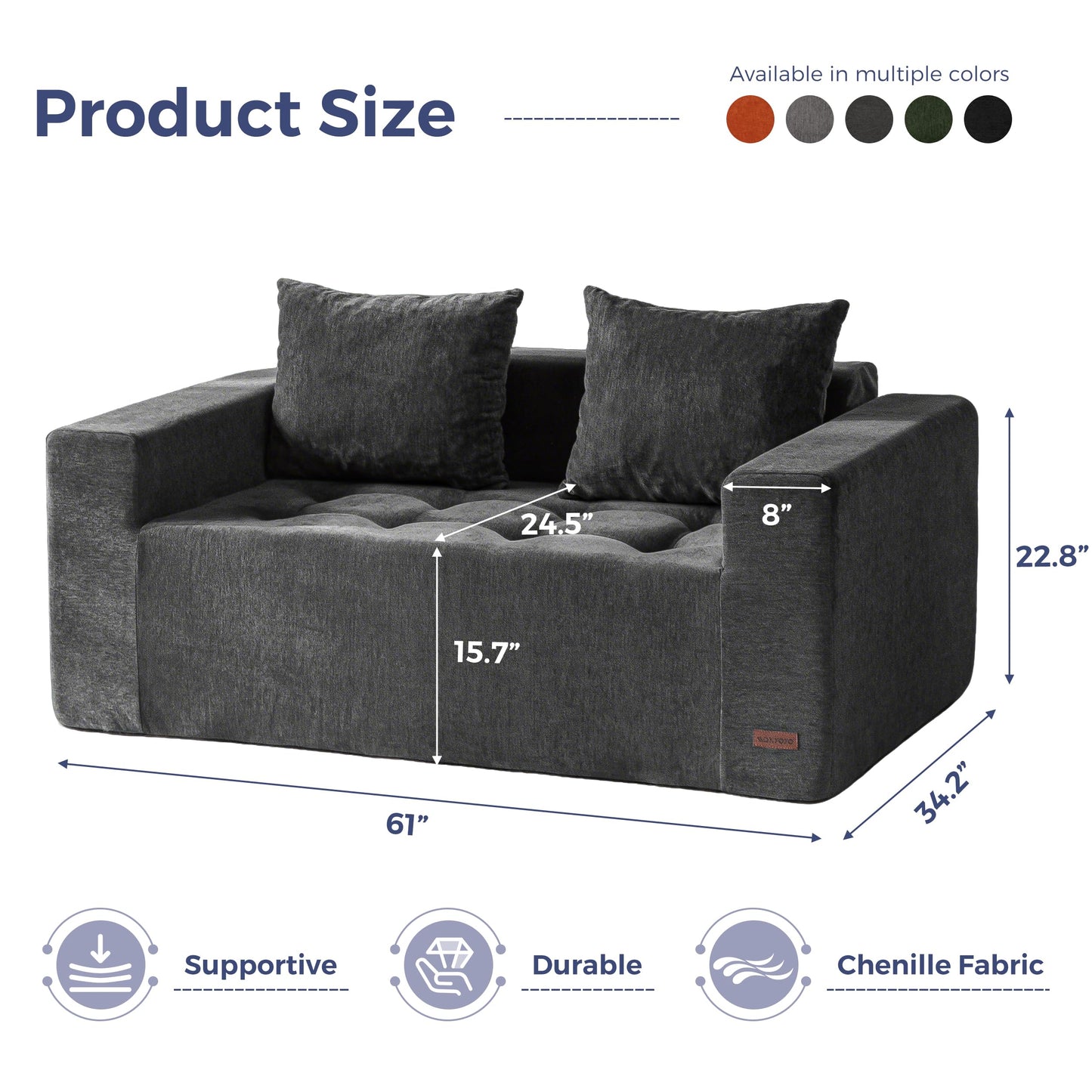 MAXYOYO Modular Sofa Couch, 61" Loveseat Boneless Cloud Couch with Deep Seat, Chenille Upholstered Living Room Comfy Sofa Chair for Living Room, No Assembly Required, Dark Grey