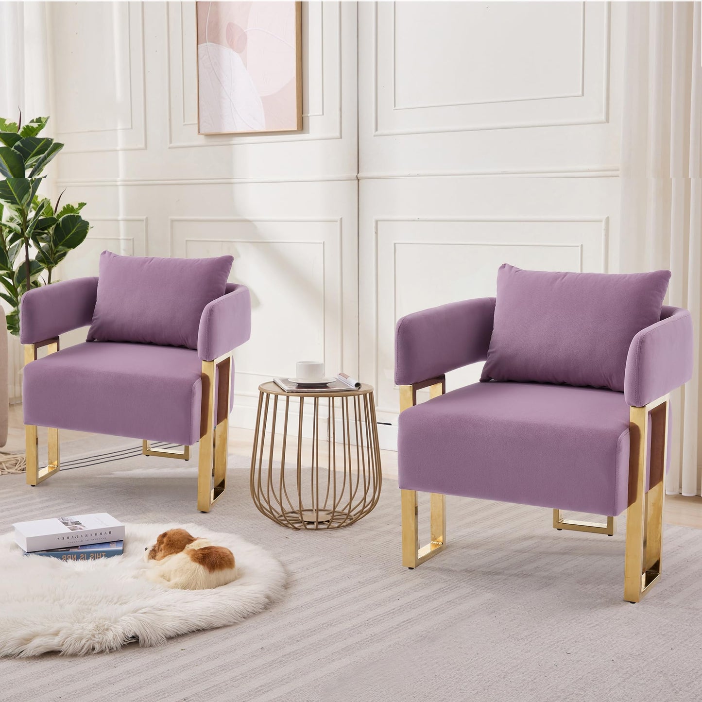 YITAI Modern Accent Chairs no Wheels, Living Room Side Chairs with Golden Metal Legs, Barrel Soft Velvet Upholstered Reading Armchairs for OfficeStudyReception RoomBedroomLounge,Purple Set of 2