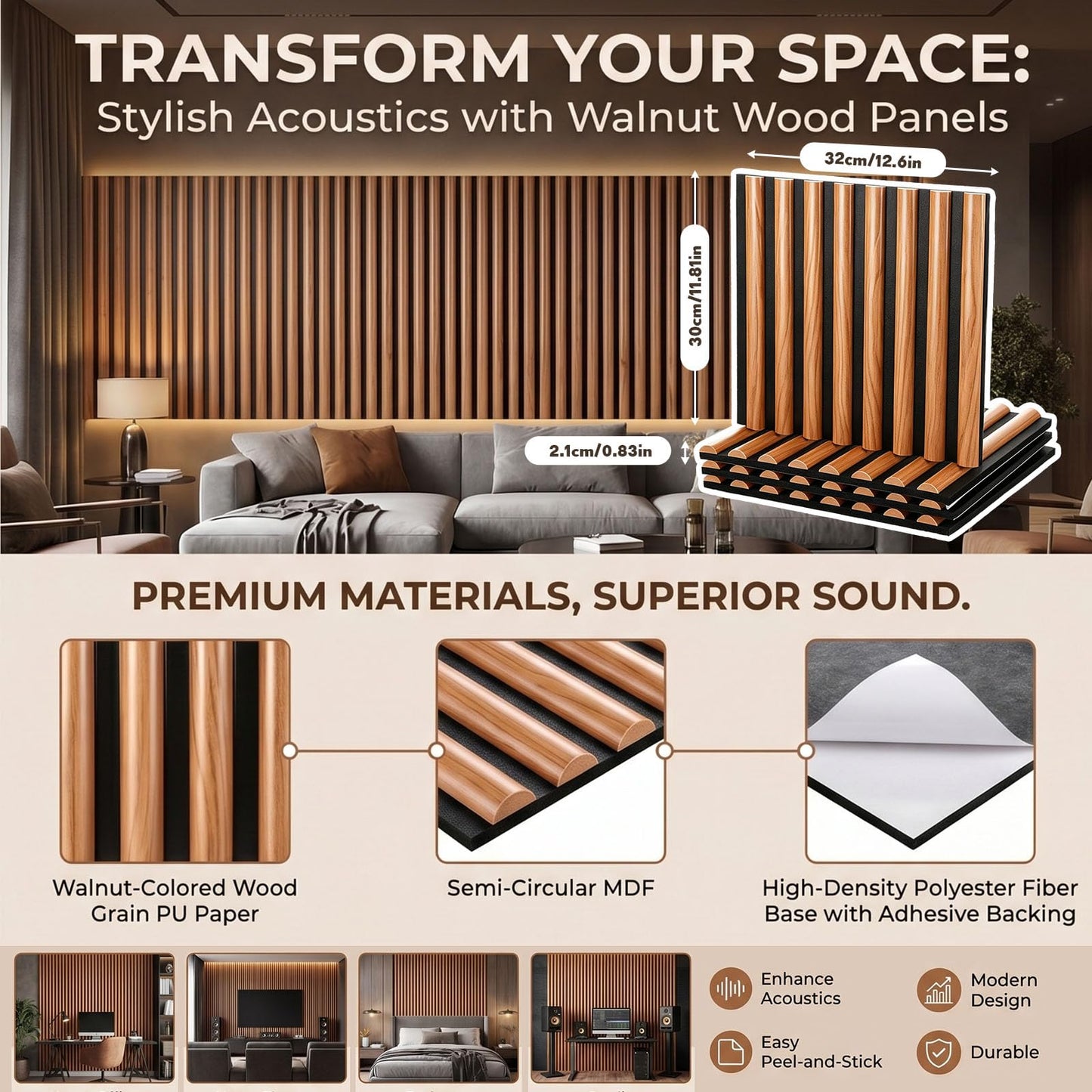 Nuanchu 4 Piece 12.6x11.81“ Wood Slat Acoustic Panels Walnut Semicircle Soundproofing Fluted Wall Panels 3D Decorative Acoustic Wallpaper for Ceiling School Classroom Home Living Room Bedroom