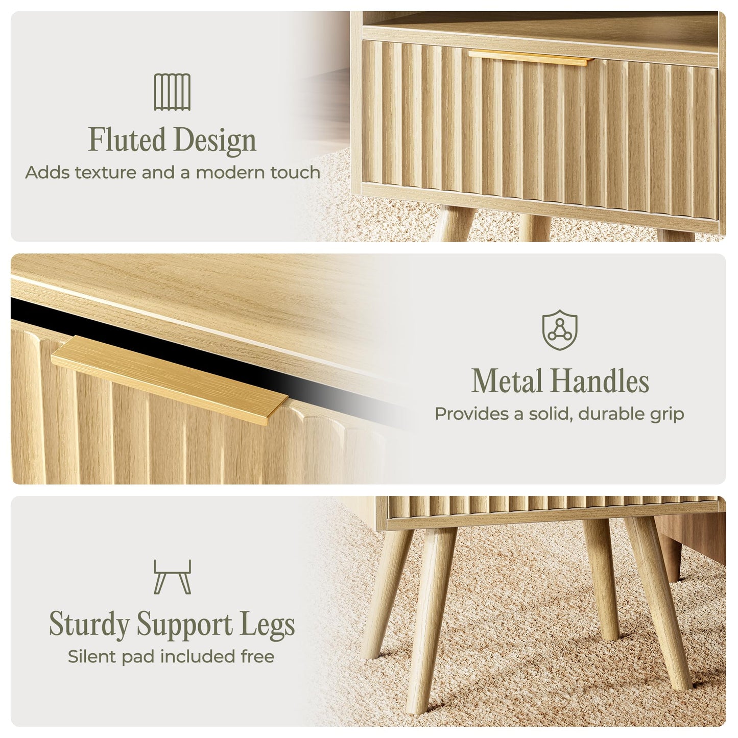 Huuger Nightstand with Charging Station, USB-C Port, Fluted Night Stand with Drawer, Bed Side Table with Solid Wood Feet, Open Storage, End Table with Raised Edge, for Bedroom, Natural