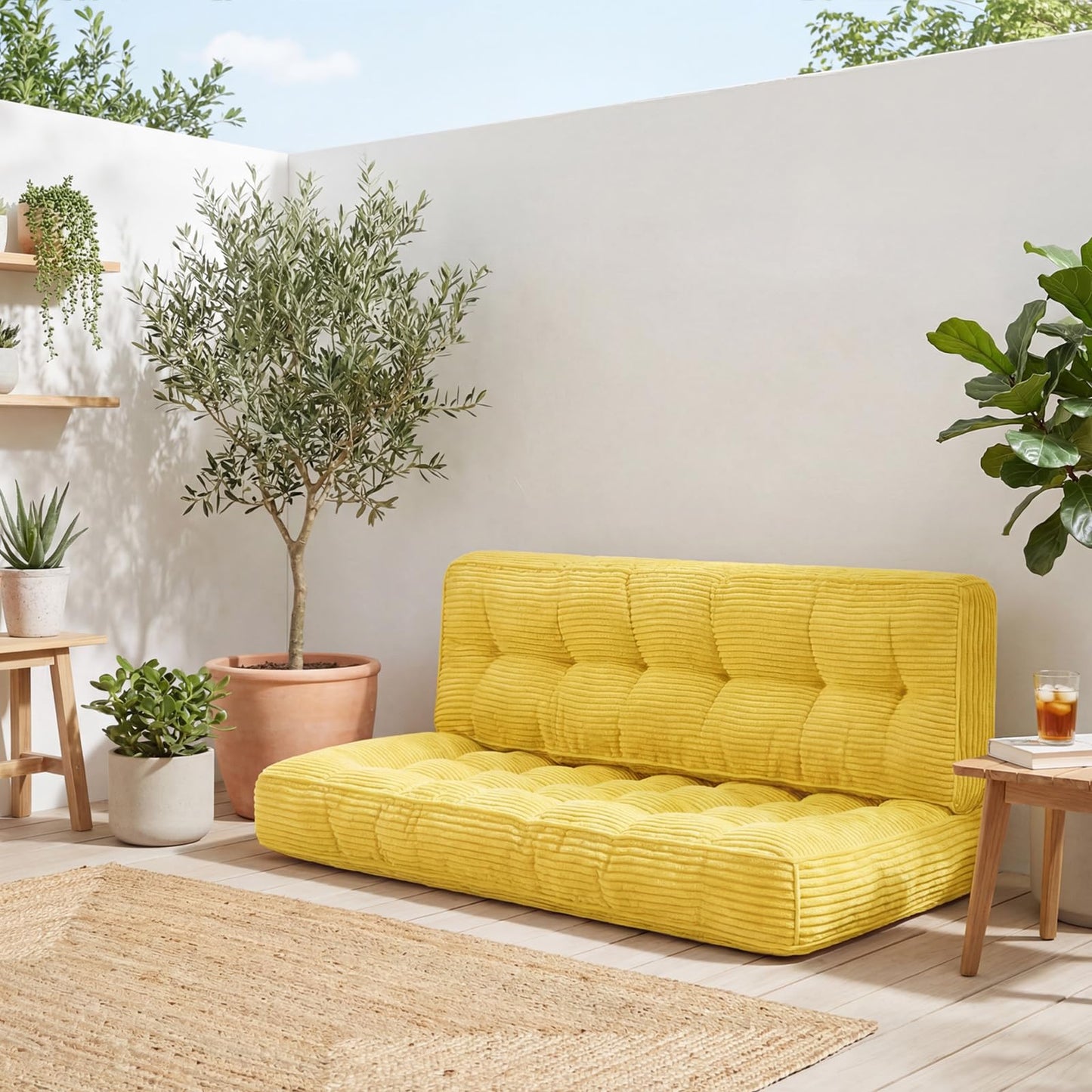 63 Inch Folding Sofa Bed Convertible Chair, 2-in-1 Convertible Boneless Sofa Floor Cushions Couch Mattress Oversized Corduroy Upholstered Sleeper Chair for Living Room Guest Apartment(Yellow)