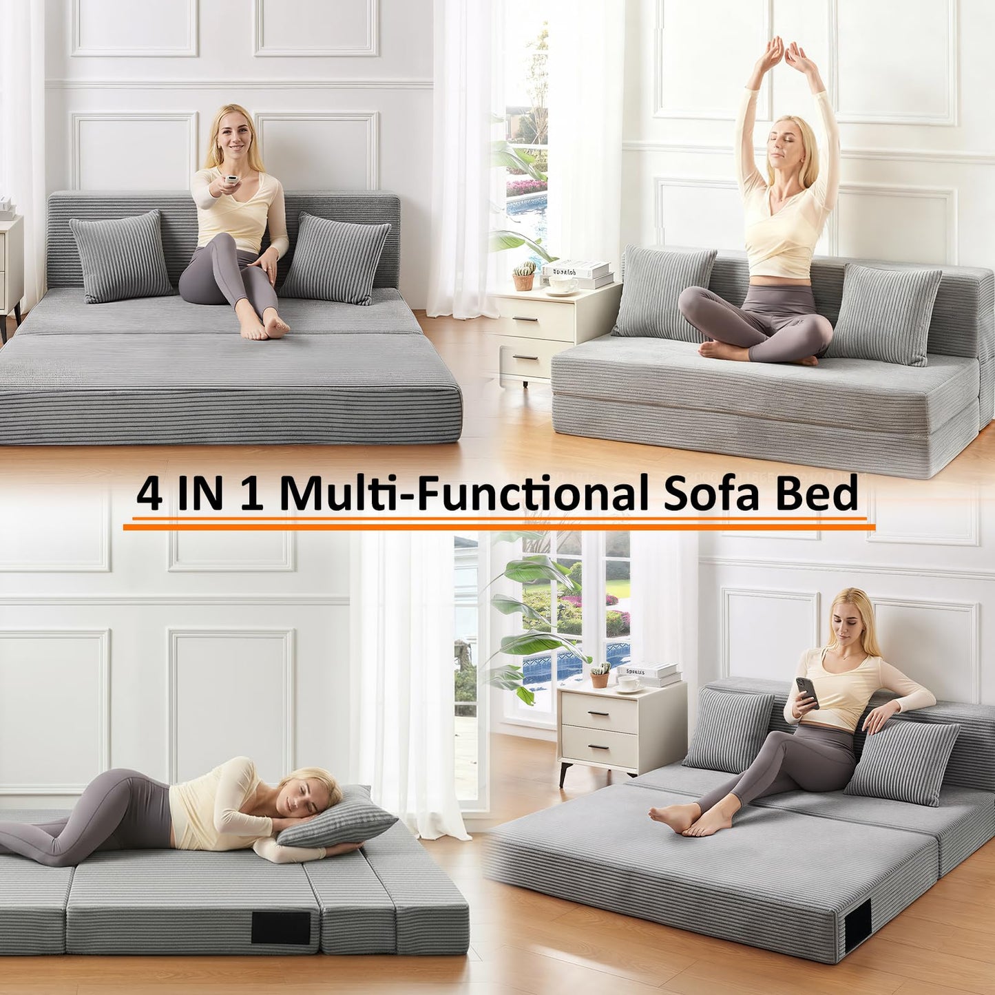 JKMAX Single Size Folding Sofa Bed - 4 in 1 Convertible Sleeper Chair - High Density Memory Foam Futon Couch - Foldable Bed for Living Room Bedroom (Dark Grey)